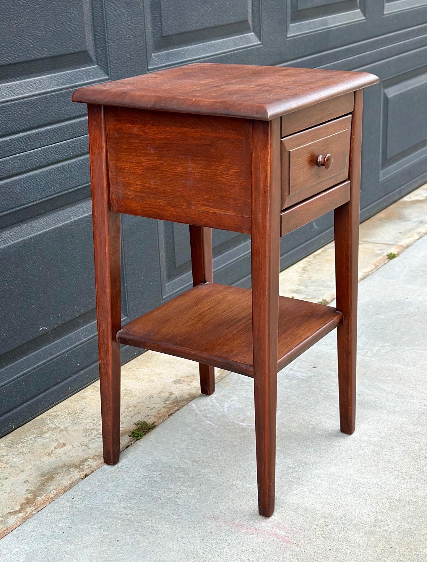 Vintage Mid 1900s Solid Cherry Wood Single Drawer Shaker Side Table with Open Shelf 15" Wide