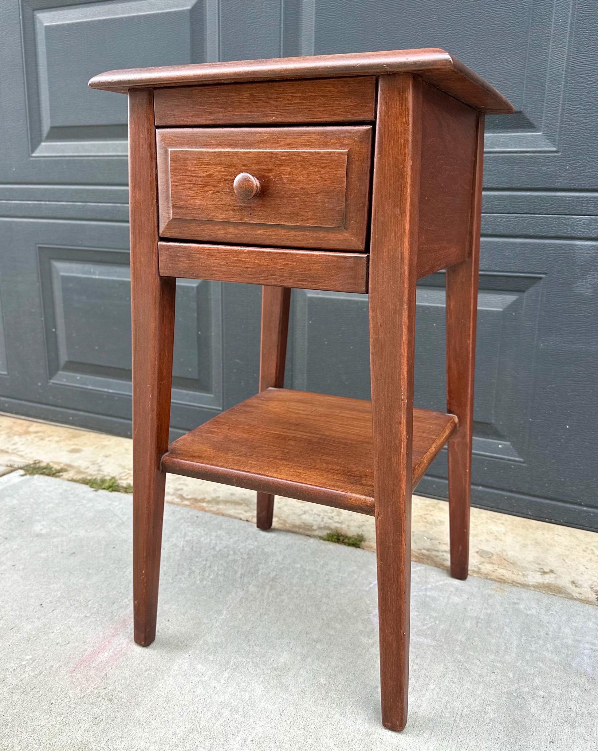 Vintage Mid 1900s Solid Cherry Wood Single Drawer Shaker Side Table with Open Shelf 15" Wide