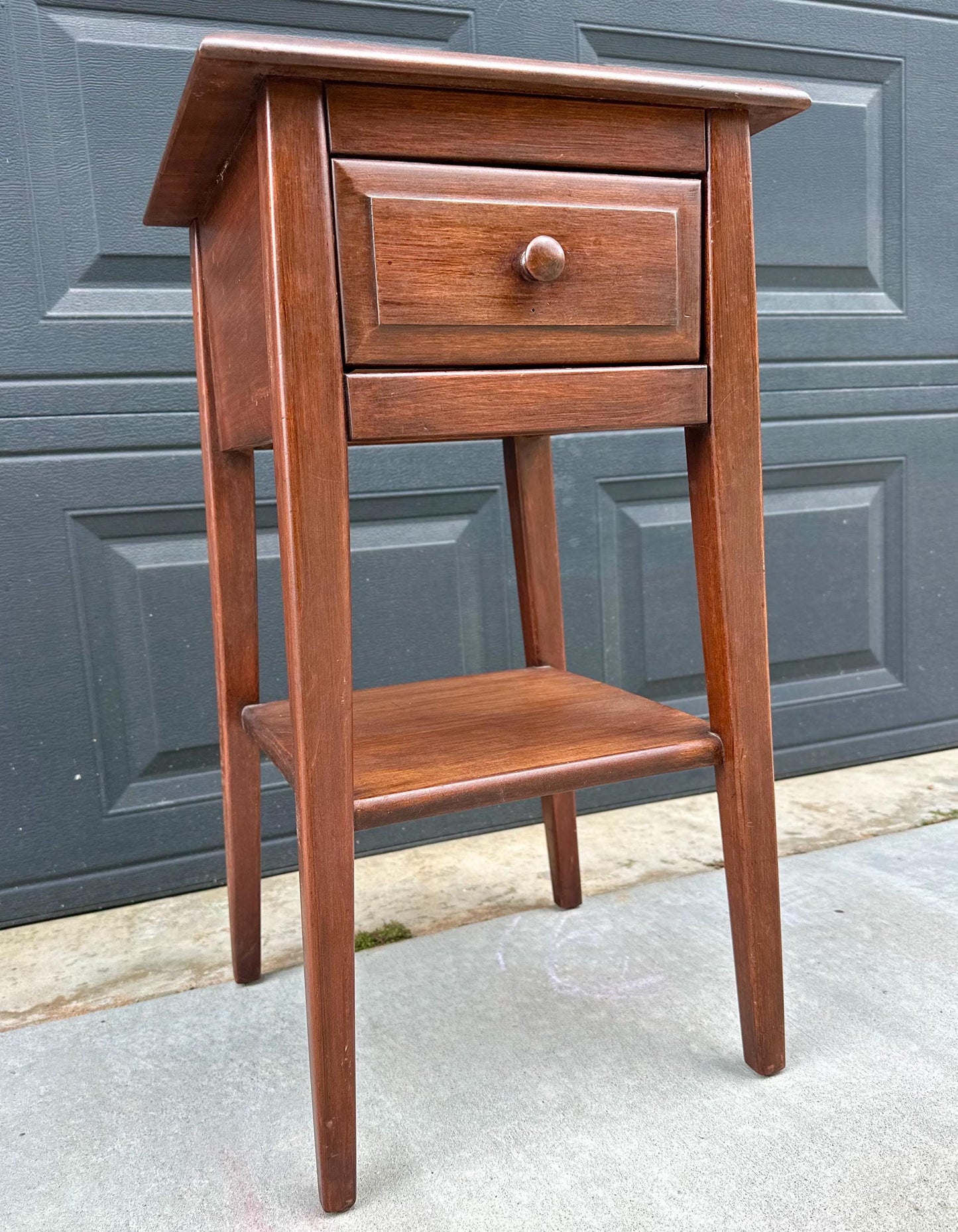 Vintage Mid 1900s Solid Cherry Wood Single Drawer Shaker Side Table with Open Shelf 15" Wide