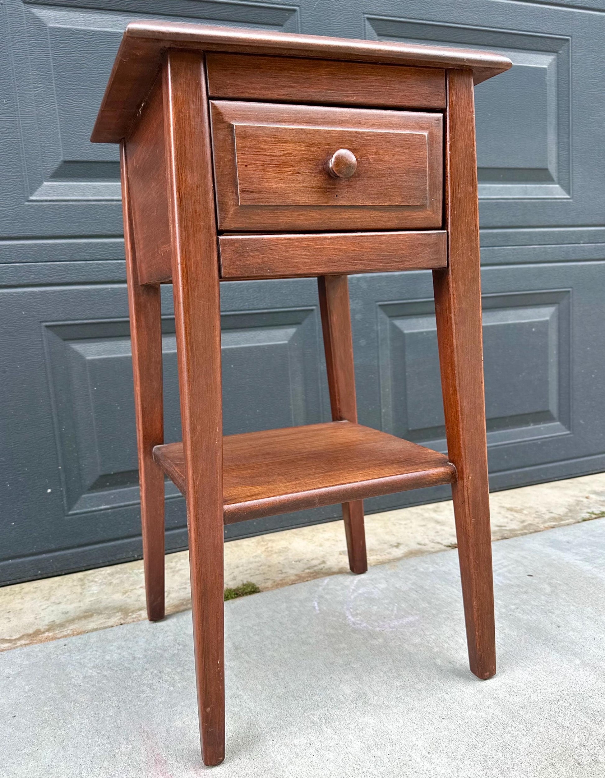 Vintage Mid 1900s Solid Cherry Wood Single Drawer Shaker Side Table with Open Shelf 15" Wide