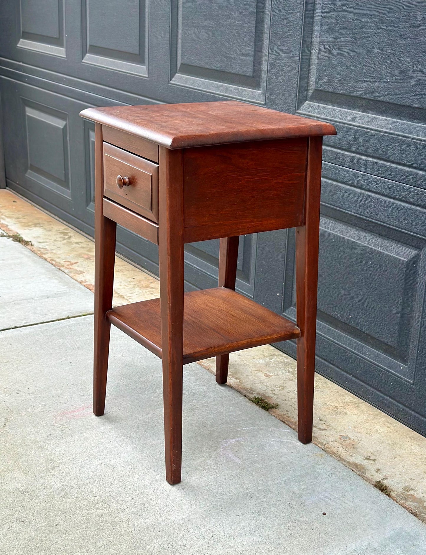 Vintage Mid 1900s Solid Cherry Wood Single Drawer Shaker Side Table with Open Shelf 15" Wide