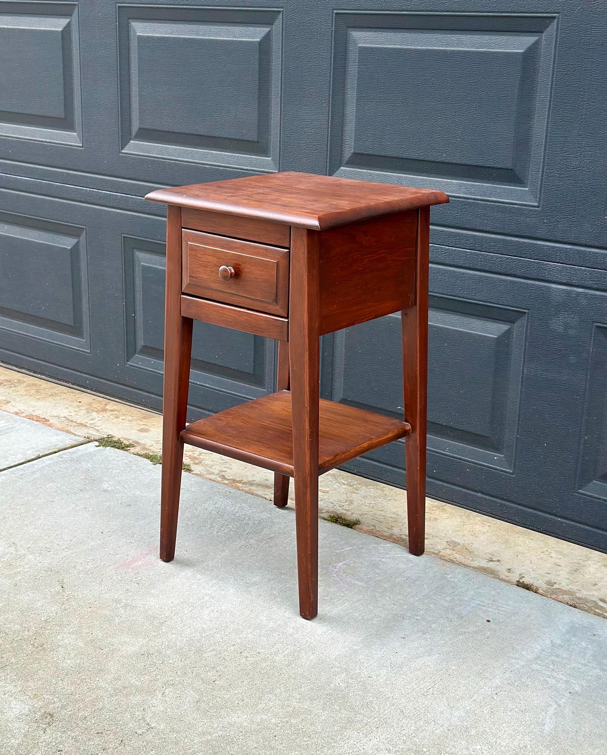 Vintage Mid 1900s Solid Cherry Wood Single Drawer Shaker Side Table with Open Shelf 15" Wide