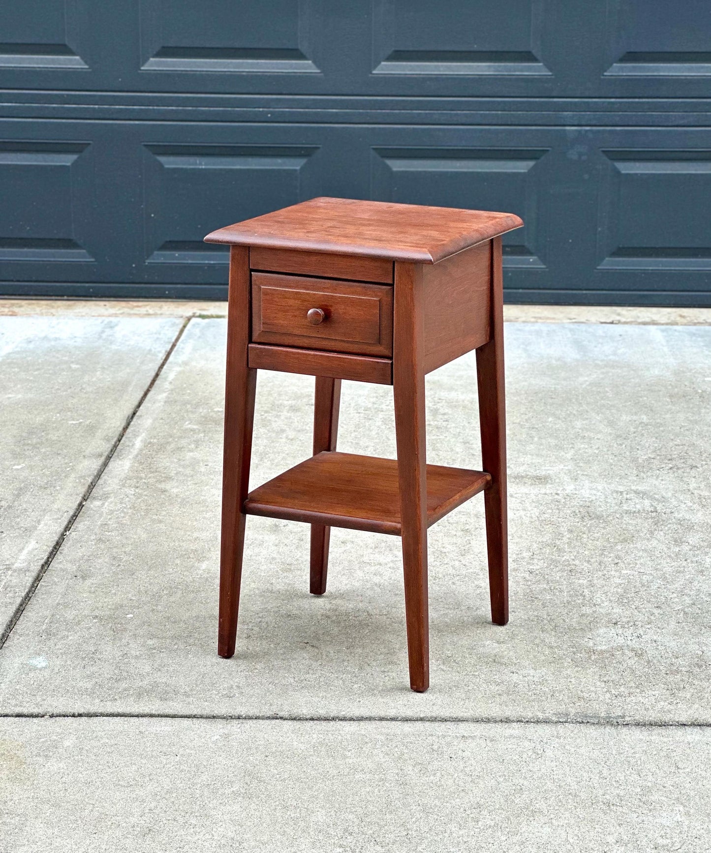 Vintage Mid 1900s Solid Cherry Wood Single Drawer Shaker Side Table with Open Shelf 15" Wide