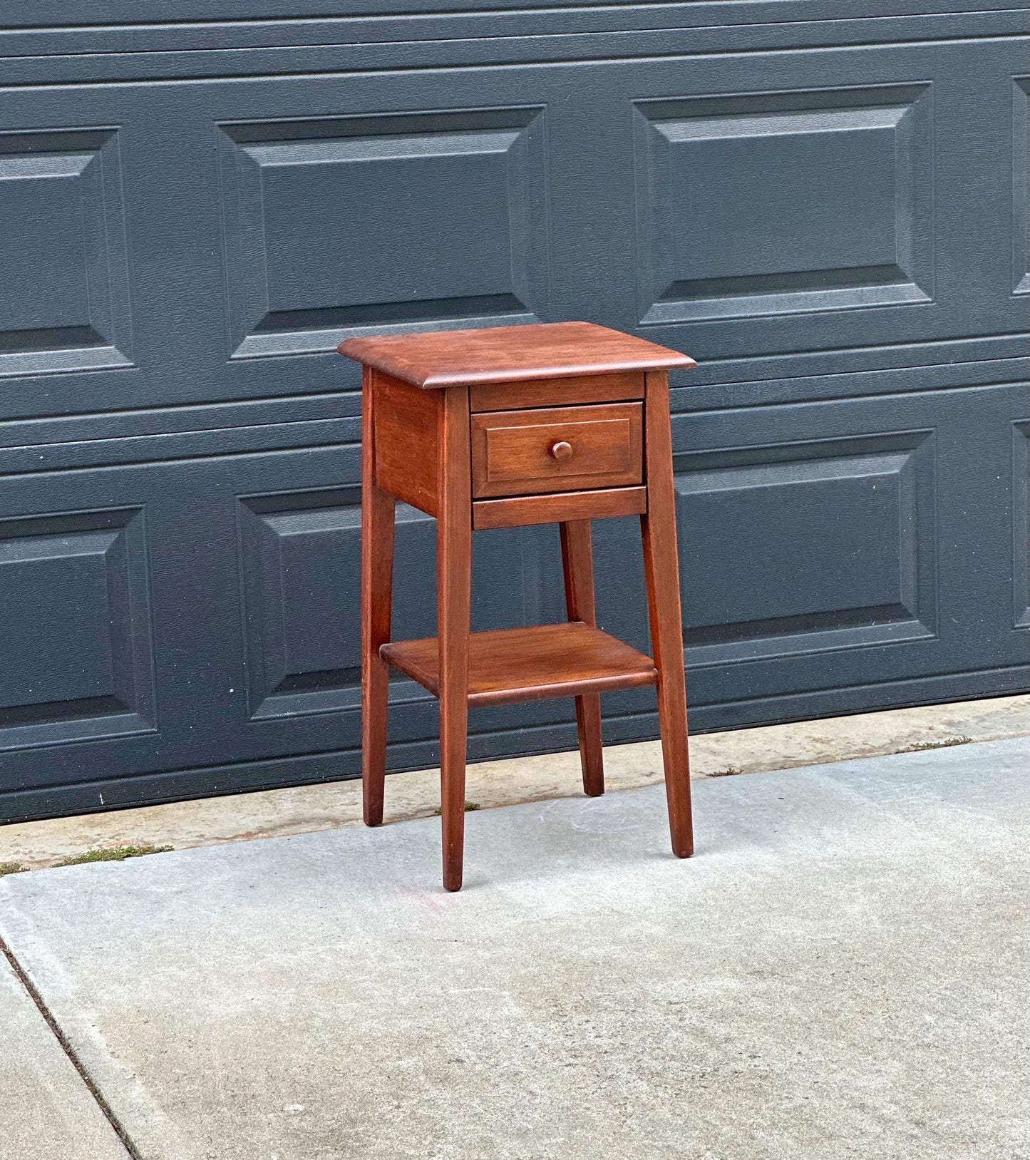 Vintage Mid 1900s Solid Cherry Wood Single Drawer Shaker Side Table with Open Shelf 15" Wide