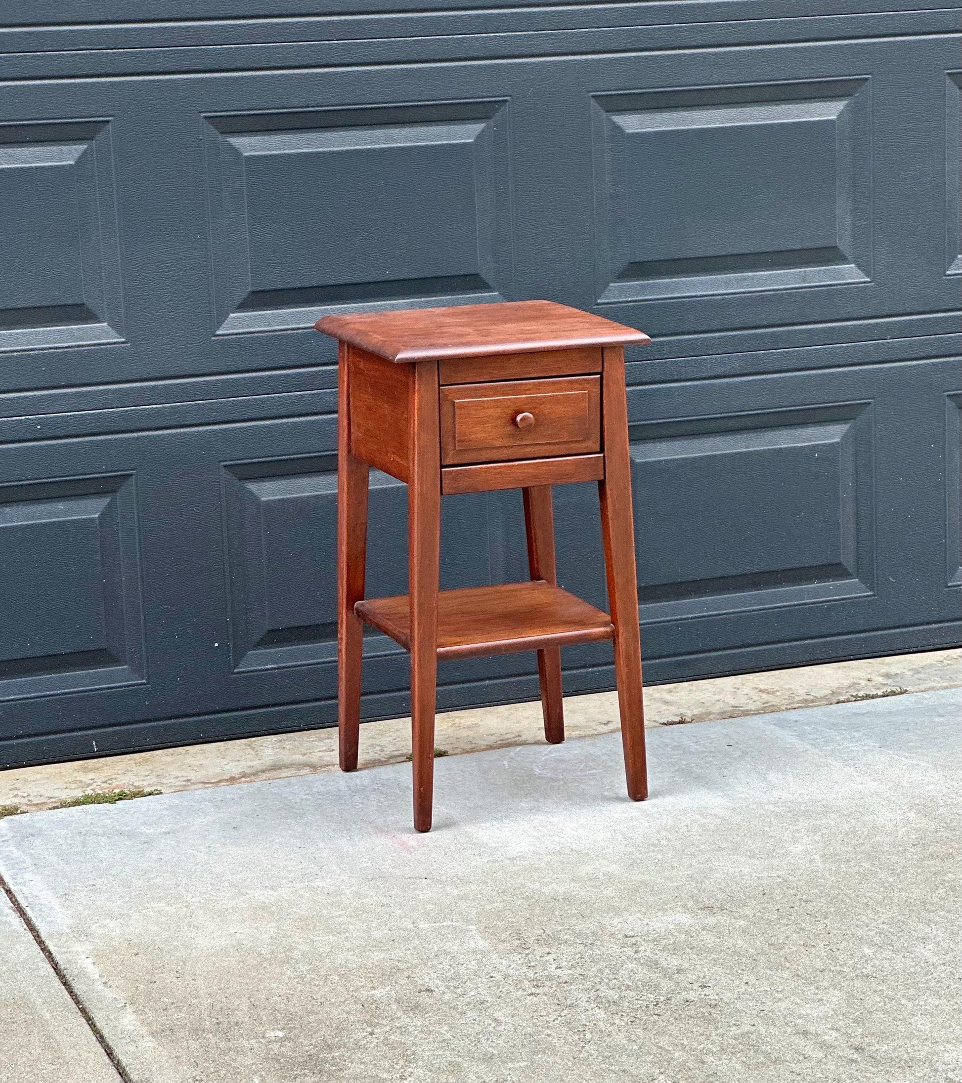 Vintage Mid 1900s Solid Cherry Wood Single Drawer Shaker Side Table with Open Shelf 15" Wide