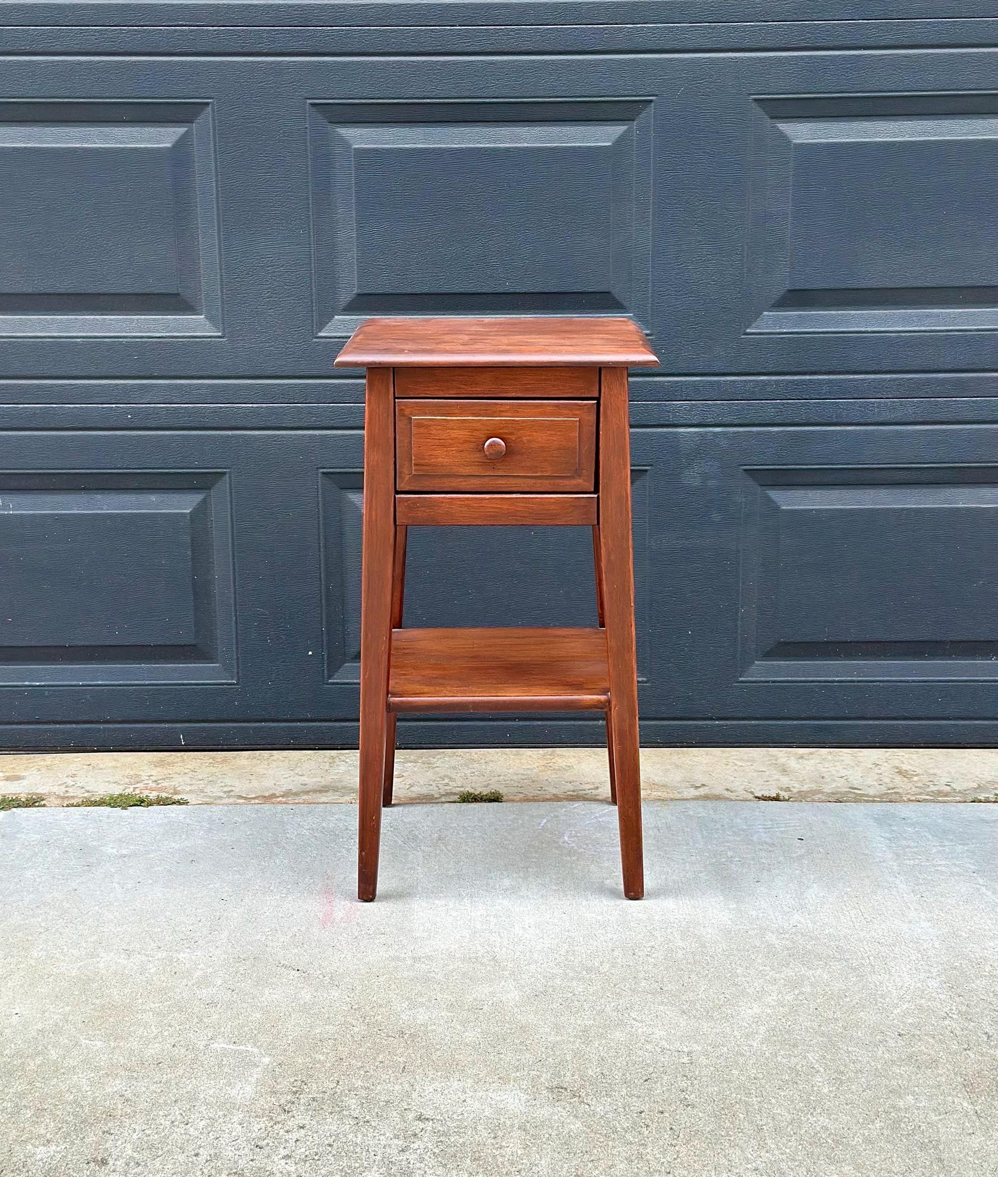 Vintage Mid 1900s Solid Cherry Wood Single Drawer Shaker Side Table with Open Shelf 15" Wide