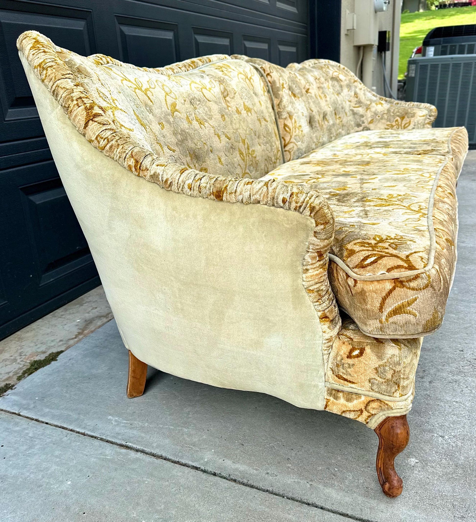 Vintage Mid 20th Century Serpentine Back Gold & Blue Velvet Victorian Settees 48" Wide - a Pair