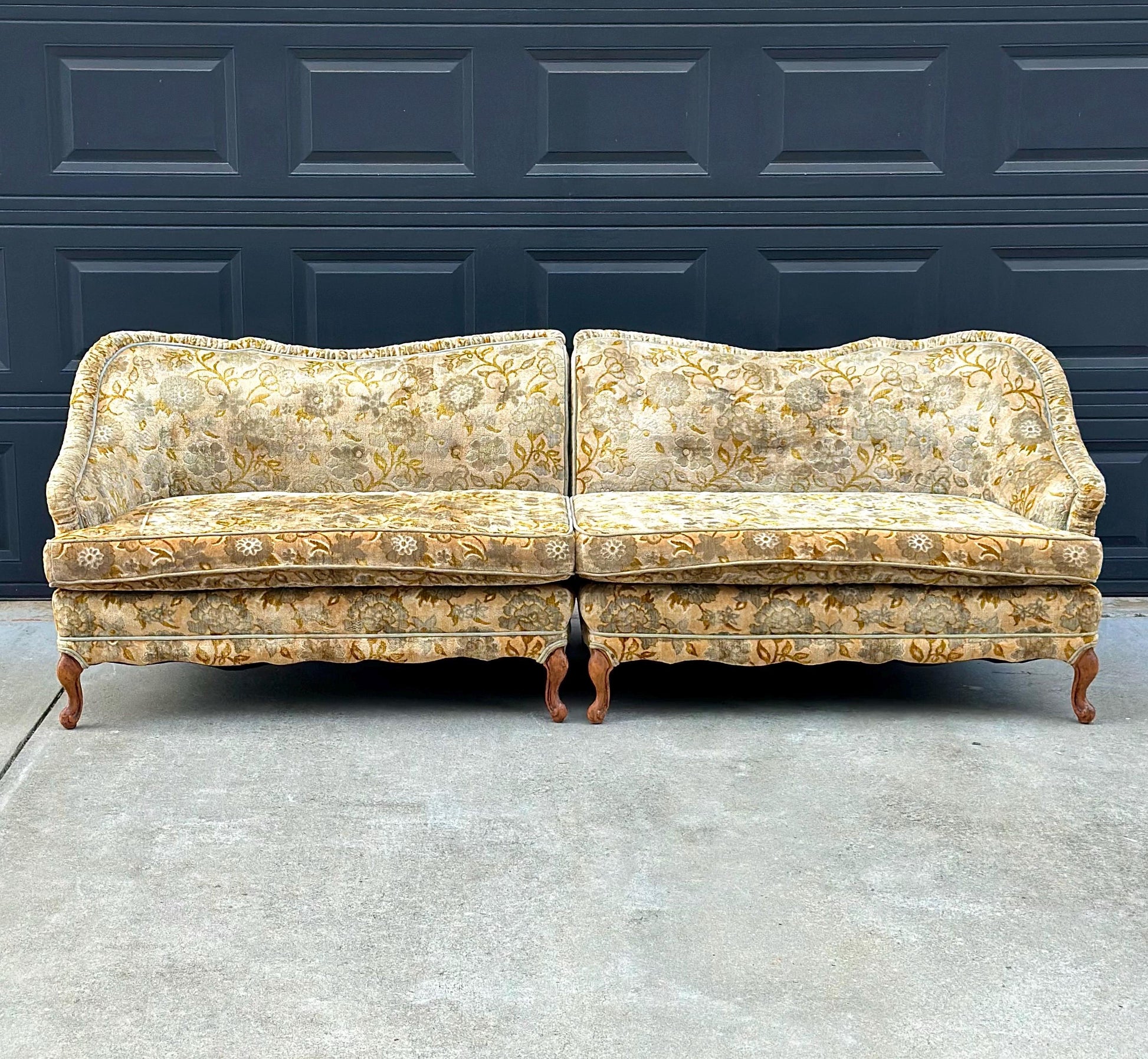 Vintage Mid 20th Century Serpentine Back Gold & Blue Velvet Victorian Settees 48" Wide - a Pair
