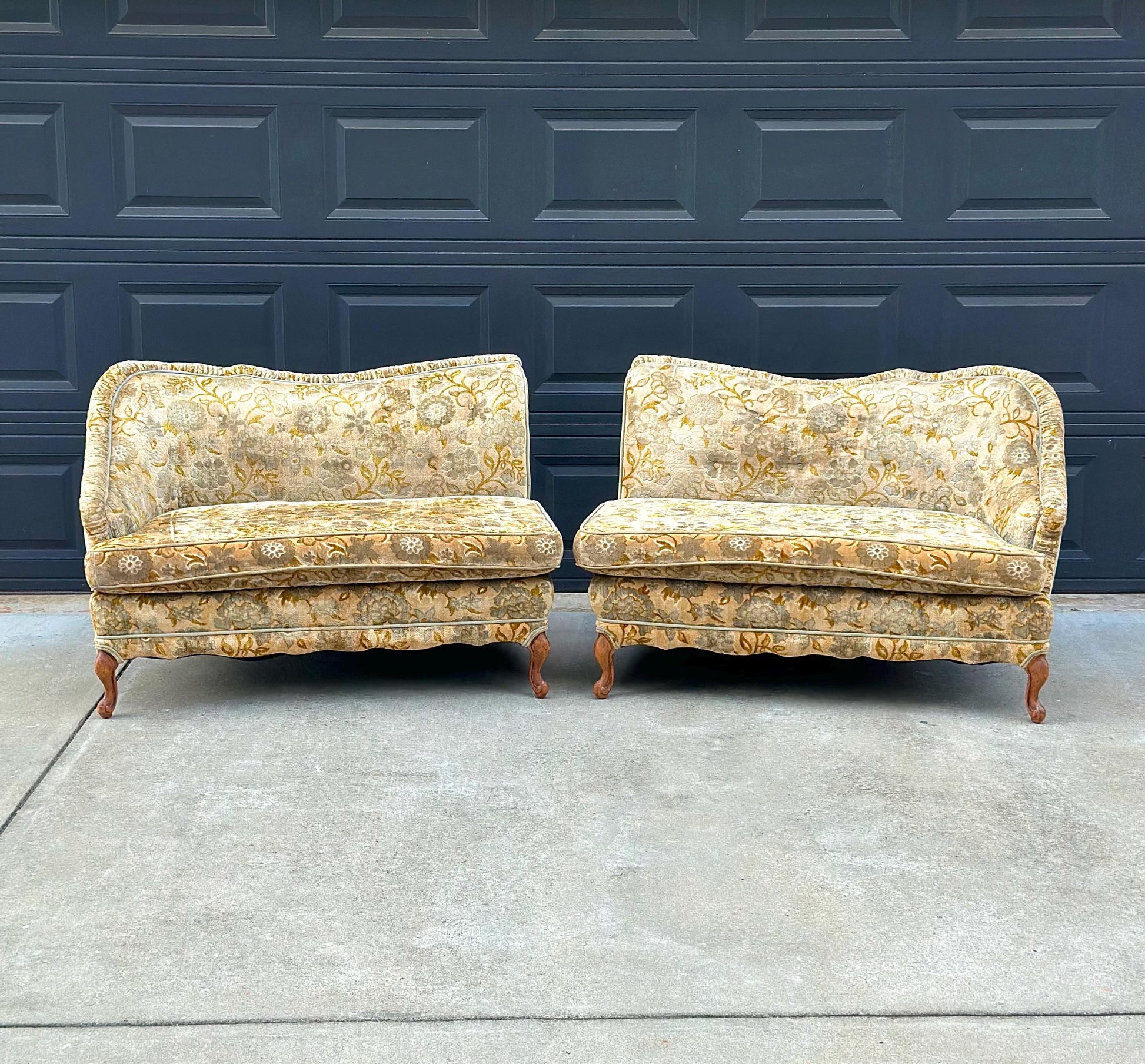 Vintage Mid 20th Century Serpentine Back Gold & Blue Velvet Victorian Settees 48" Wide - a Pair