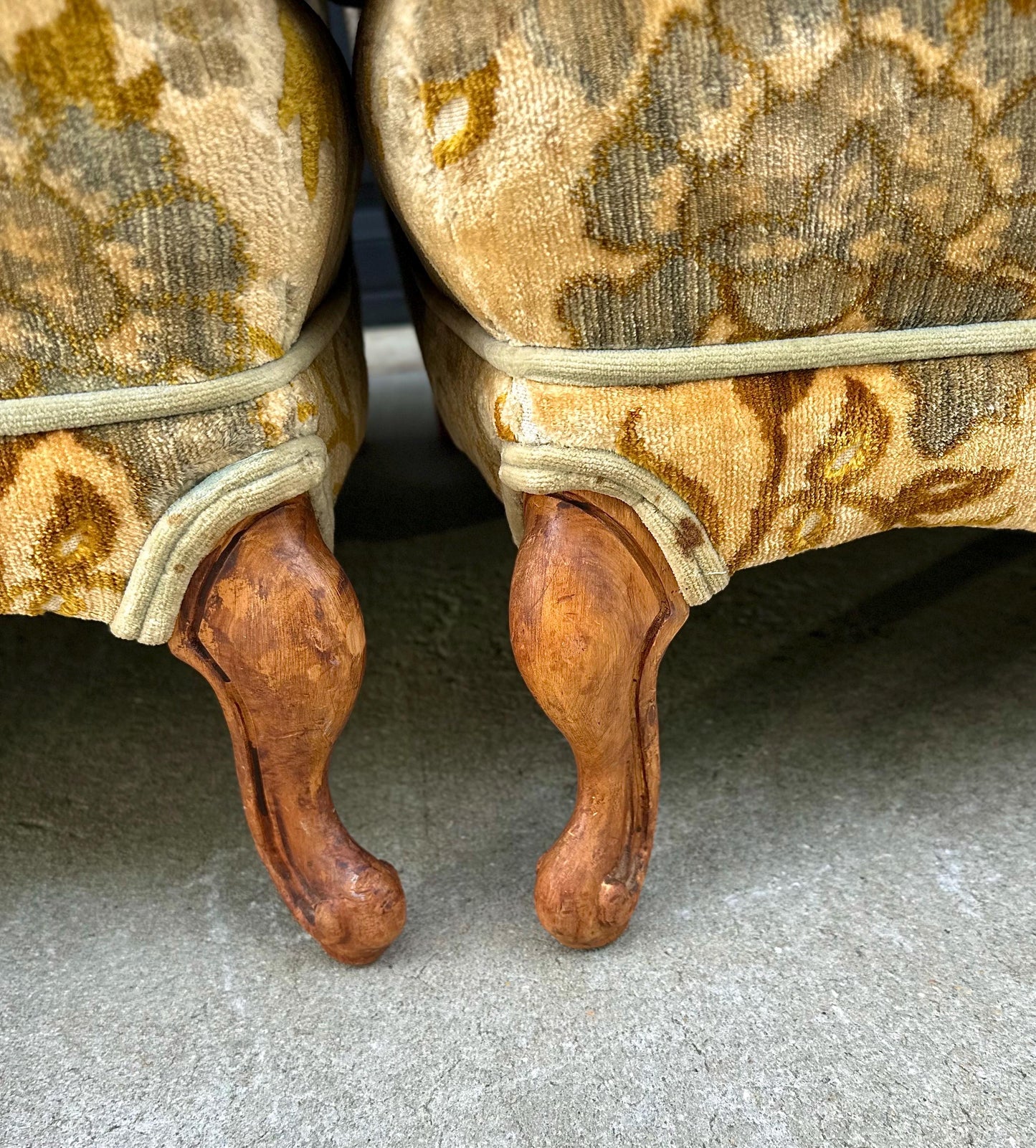 Vintage Mid 20th Century Serpentine Back Gold & Blue Velvet Victorian Settees 48" Wide - a Pair