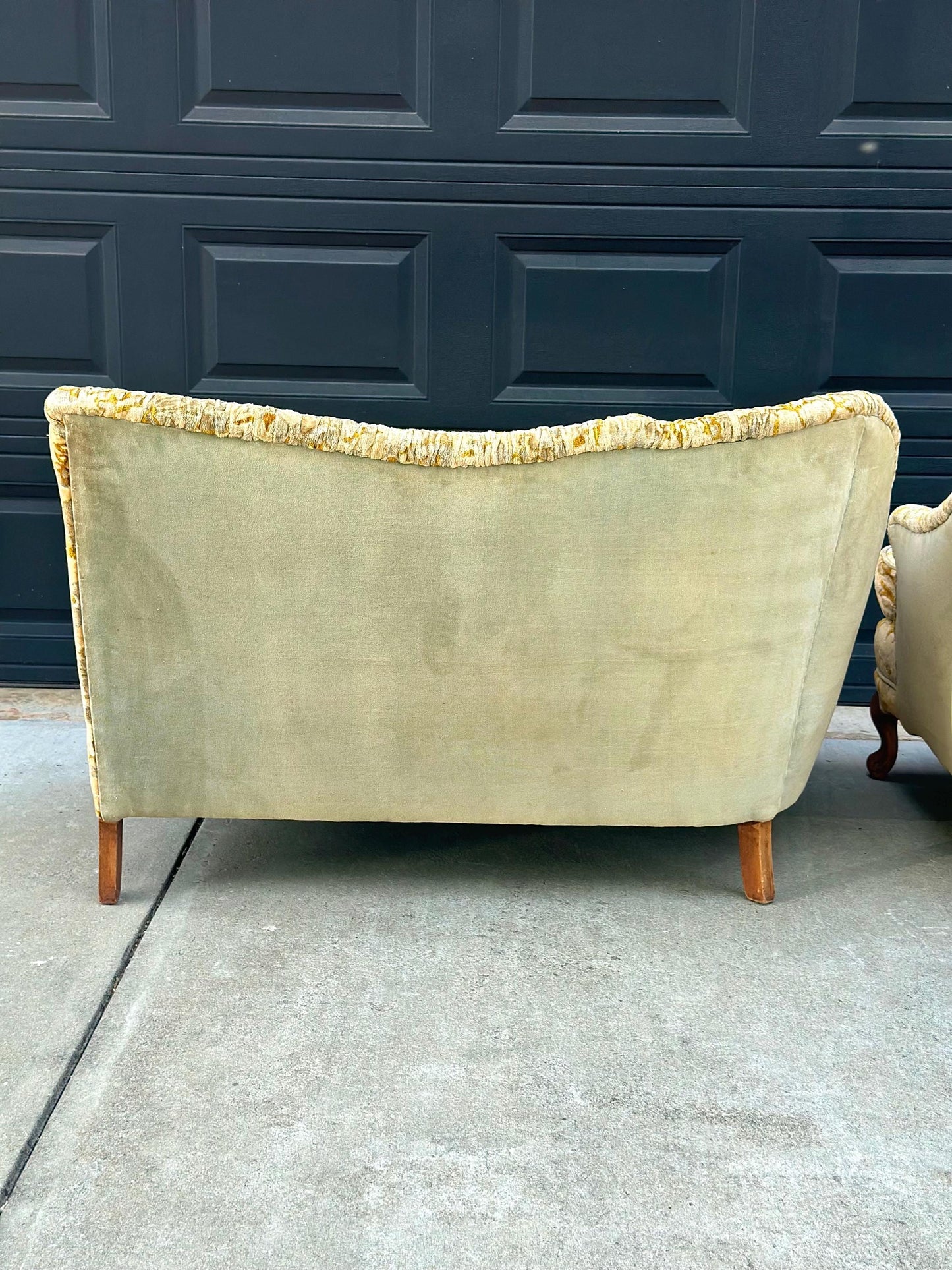 Vintage Mid 20th Century Serpentine Back Gold & Blue Velvet Victorian Settees 48" Wide - a Pair