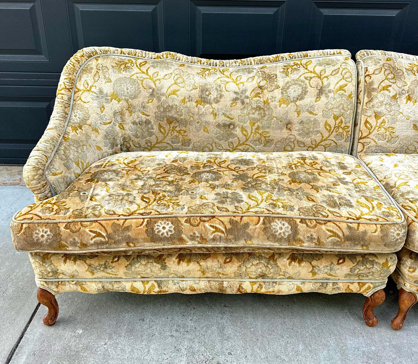 Vintage Mid 20th Century Serpentine Back Gold & Blue Velvet Victorian Settees 48" Wide - a Pair