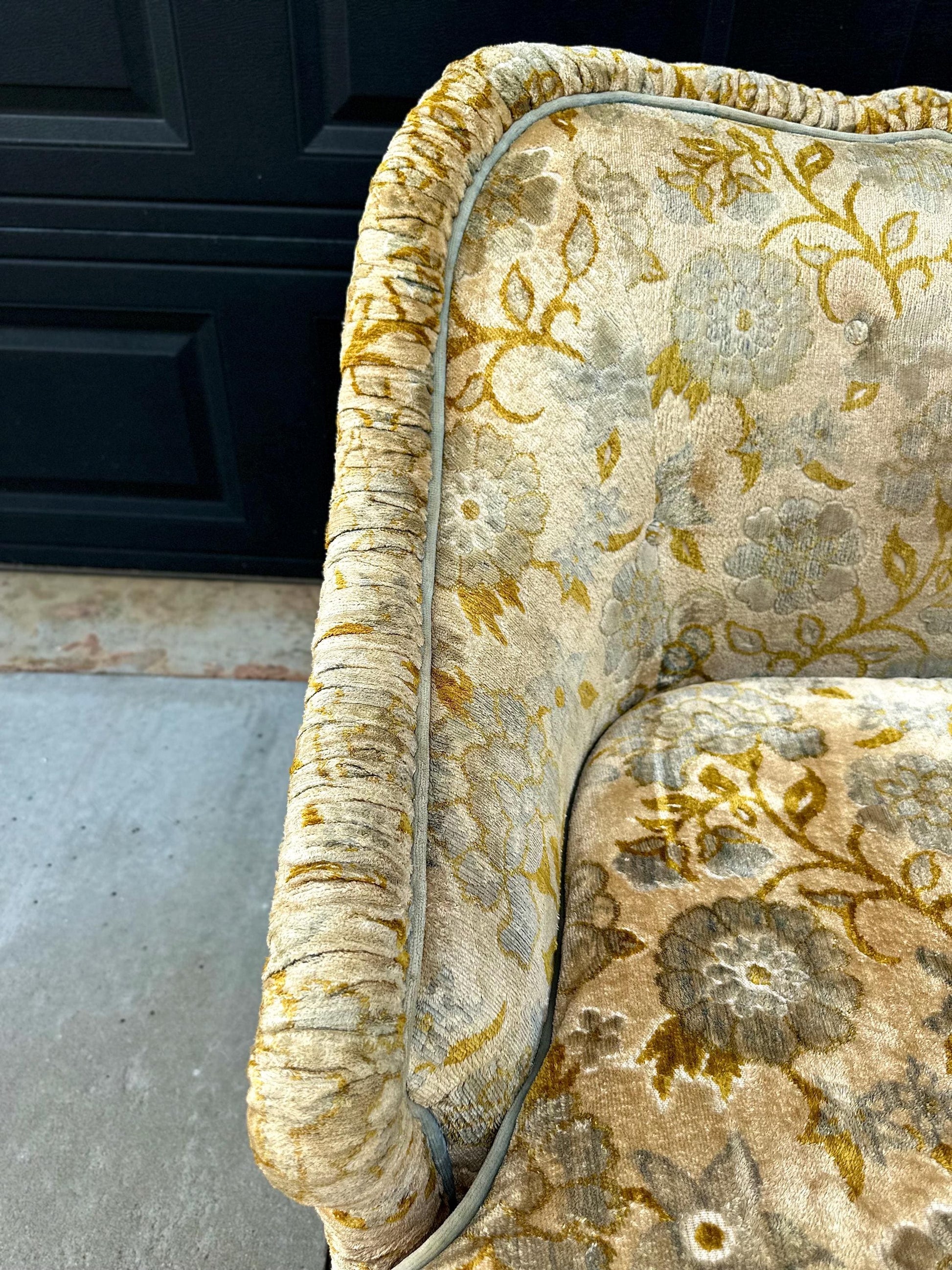Vintage Mid 20th Century Serpentine Back Gold & Blue Velvet Victorian Settees 48" Wide - a Pair