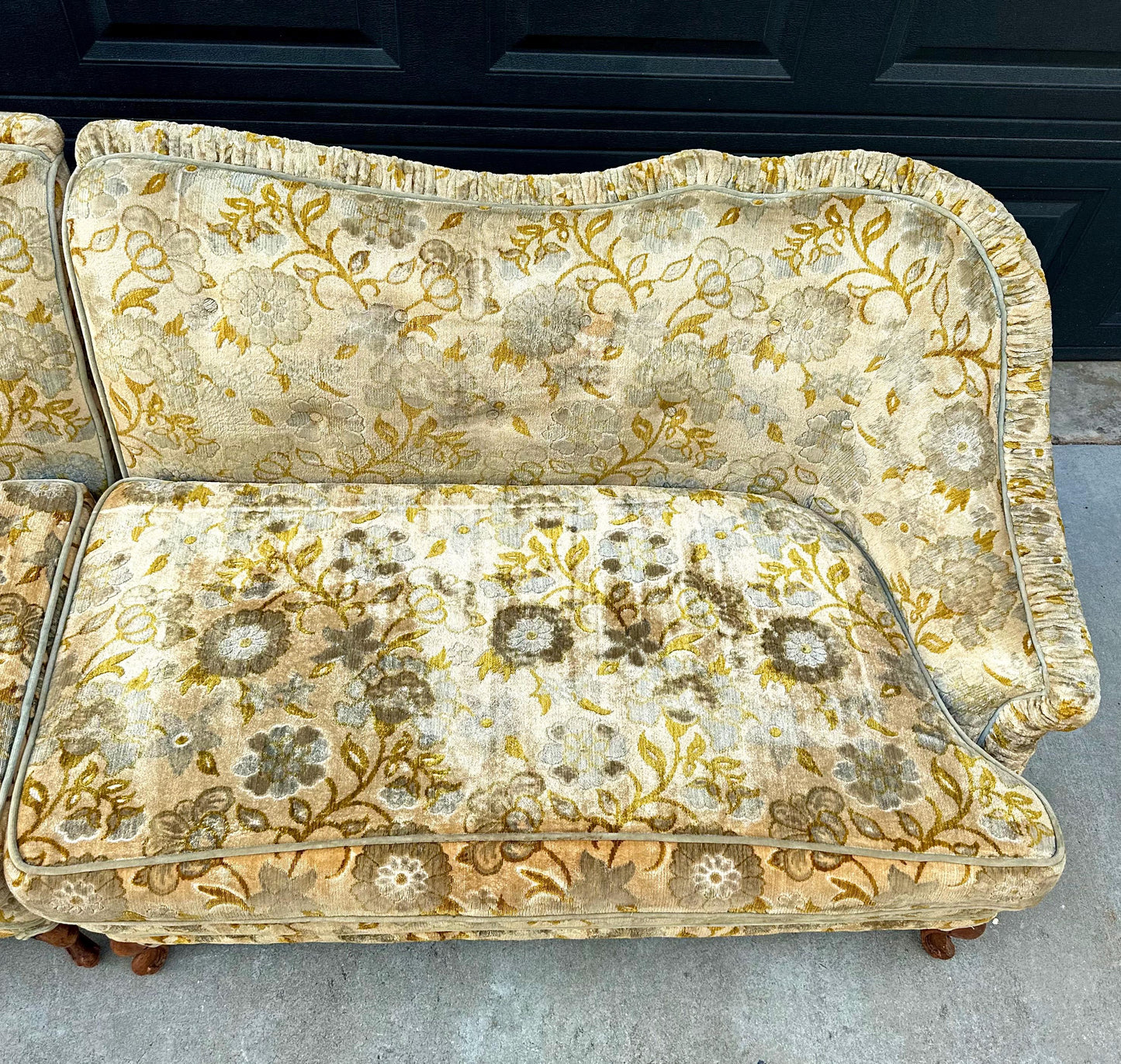 Vintage Mid 20th Century Serpentine Back Gold & Blue Velvet Victorian Settees 48" Wide - a Pair