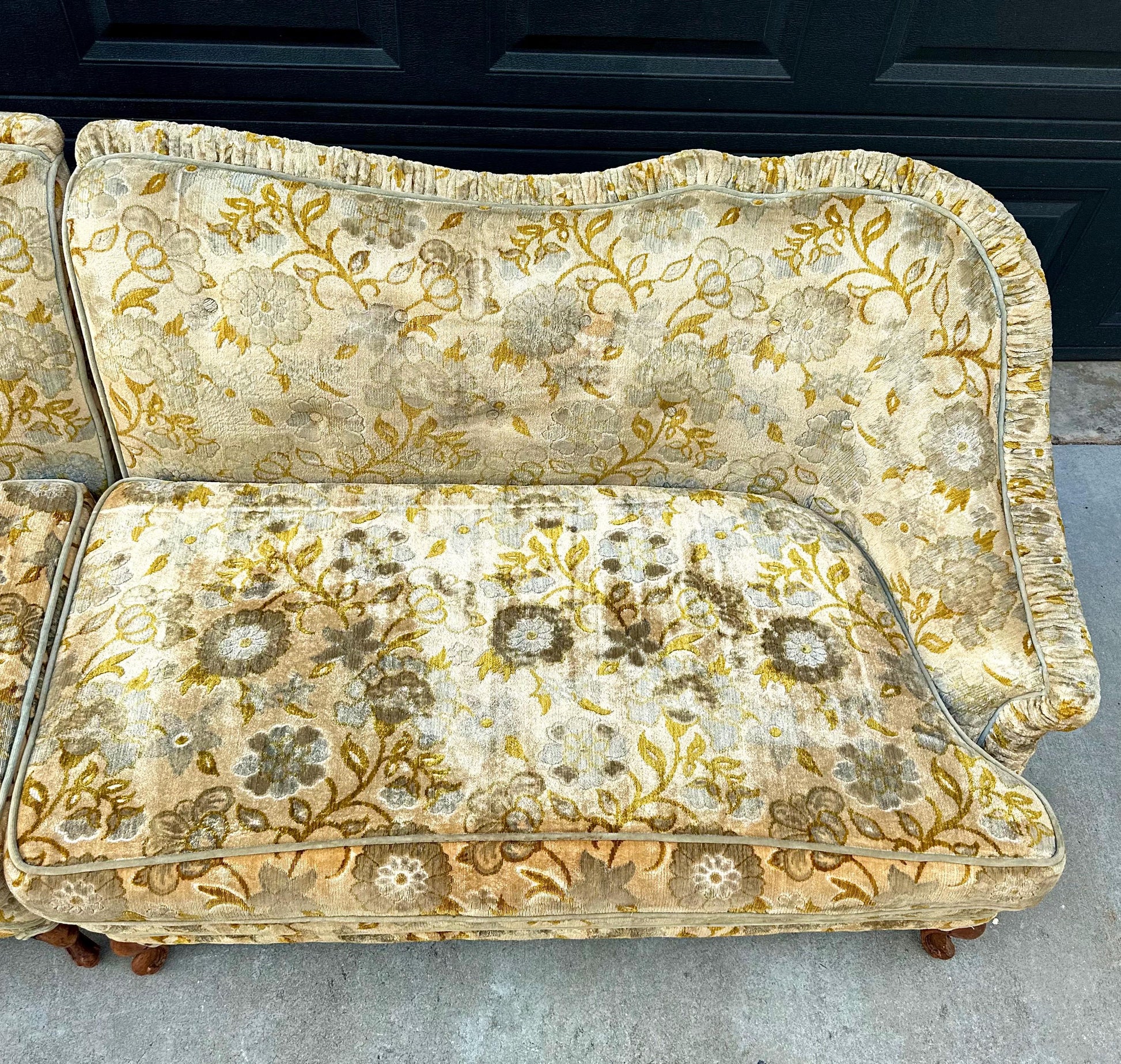 Vintage Mid 20th Century Serpentine Back Gold & Blue Velvet Victorian Settees 48" Wide - a Pair