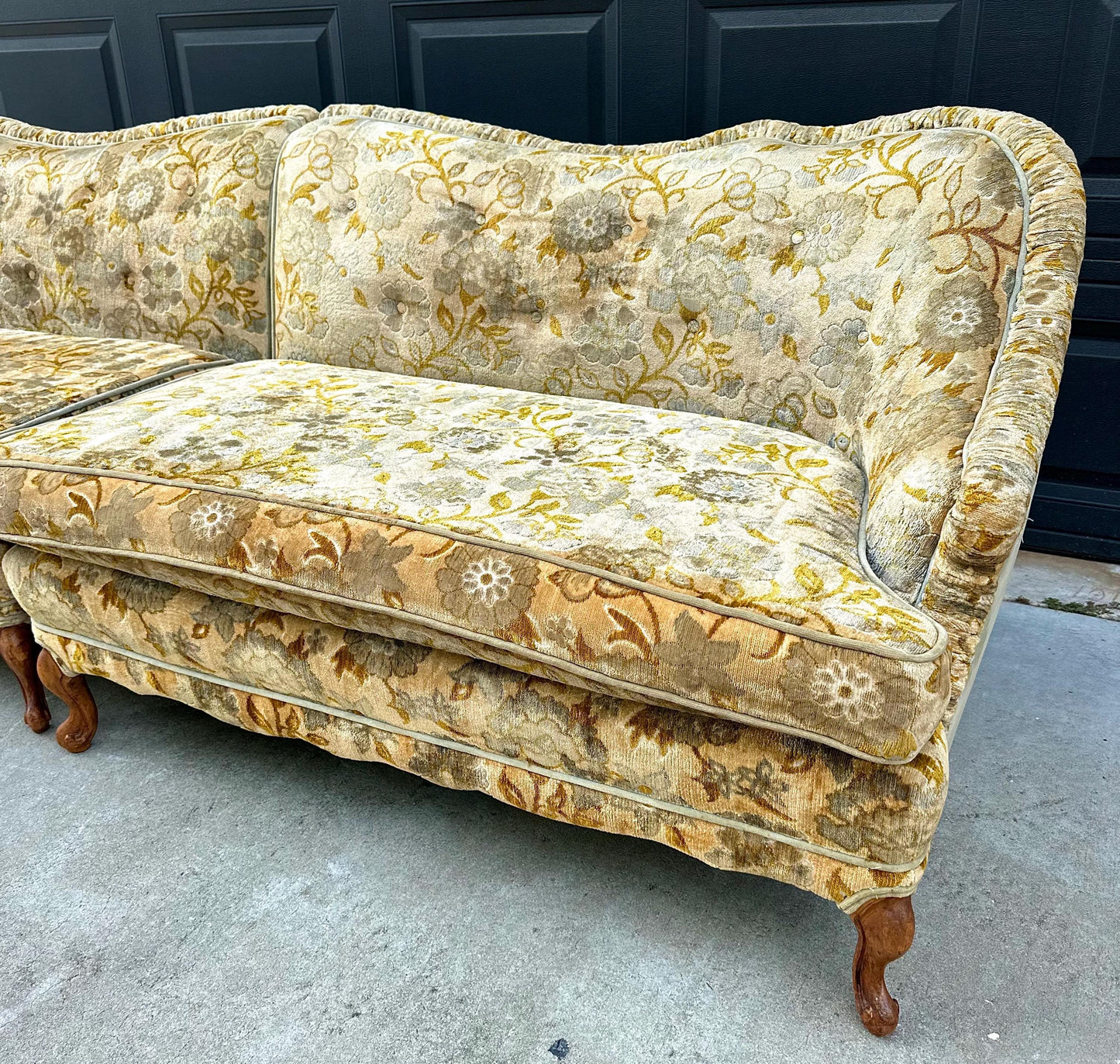 Vintage Mid 20th Century Serpentine Back Gold & Blue Velvet Victorian Settees 48" Wide - a Pair