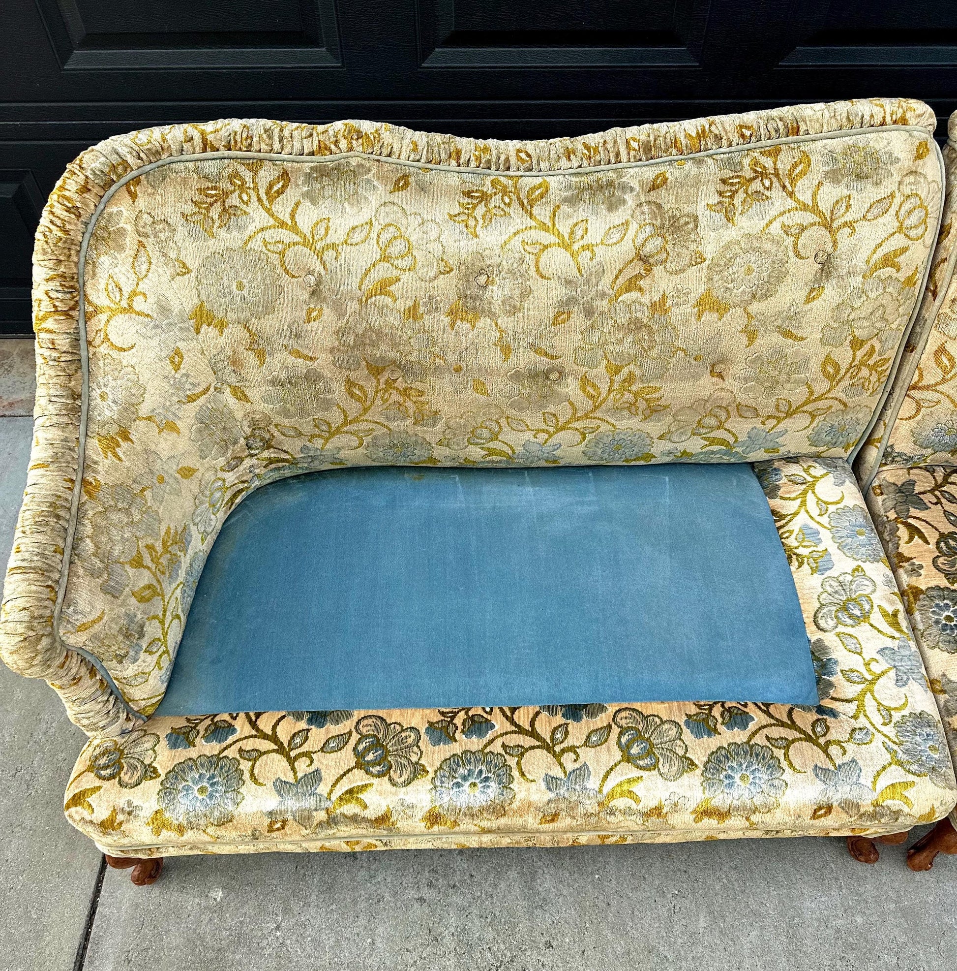Vintage Mid 20th Century Serpentine Back Gold & Blue Velvet Victorian Settees 48" Wide - a Pair