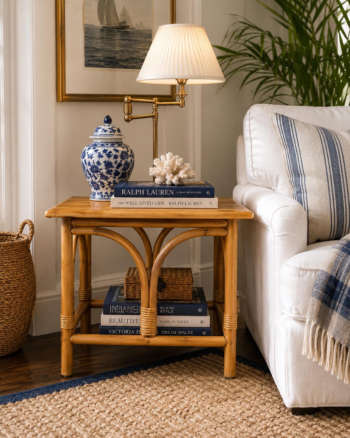 Vintage Mid Century Rattan Accent Table with Solid Wood Top Bentwood End Table