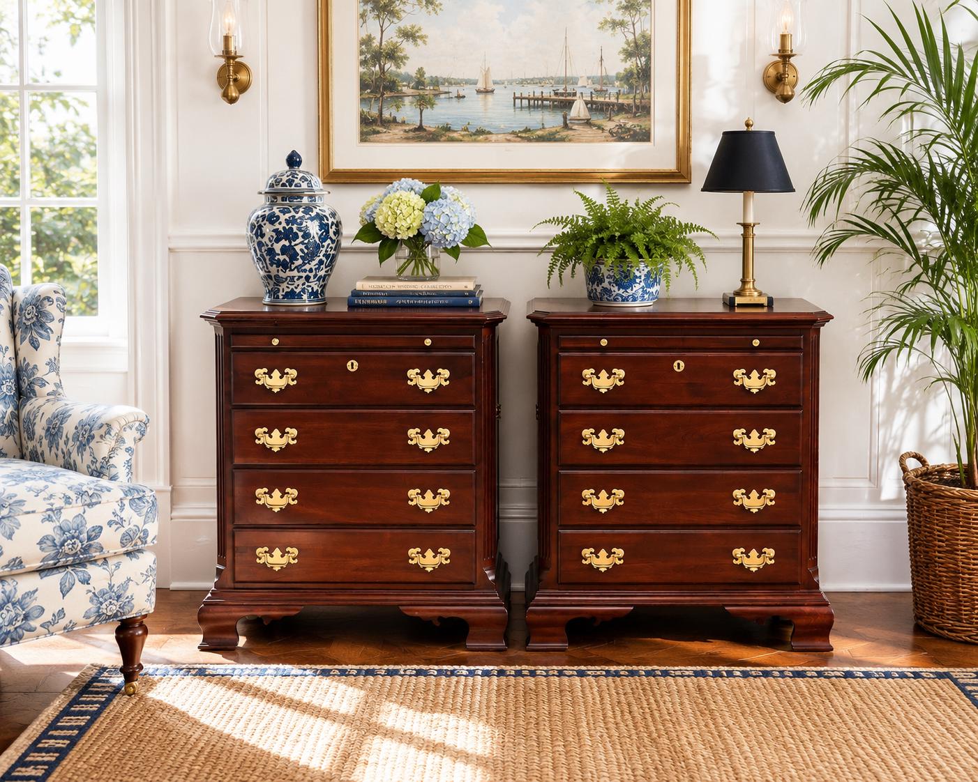 Vintage Solid Mahogany Wood Four Drawer Traditional Bedside Chests with Pull Out Tray - a Pair