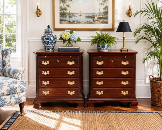 Vintage Solid Mahogany Wood Four Drawer Traditional Bedside Chests with Pull Out Tray - a Pair