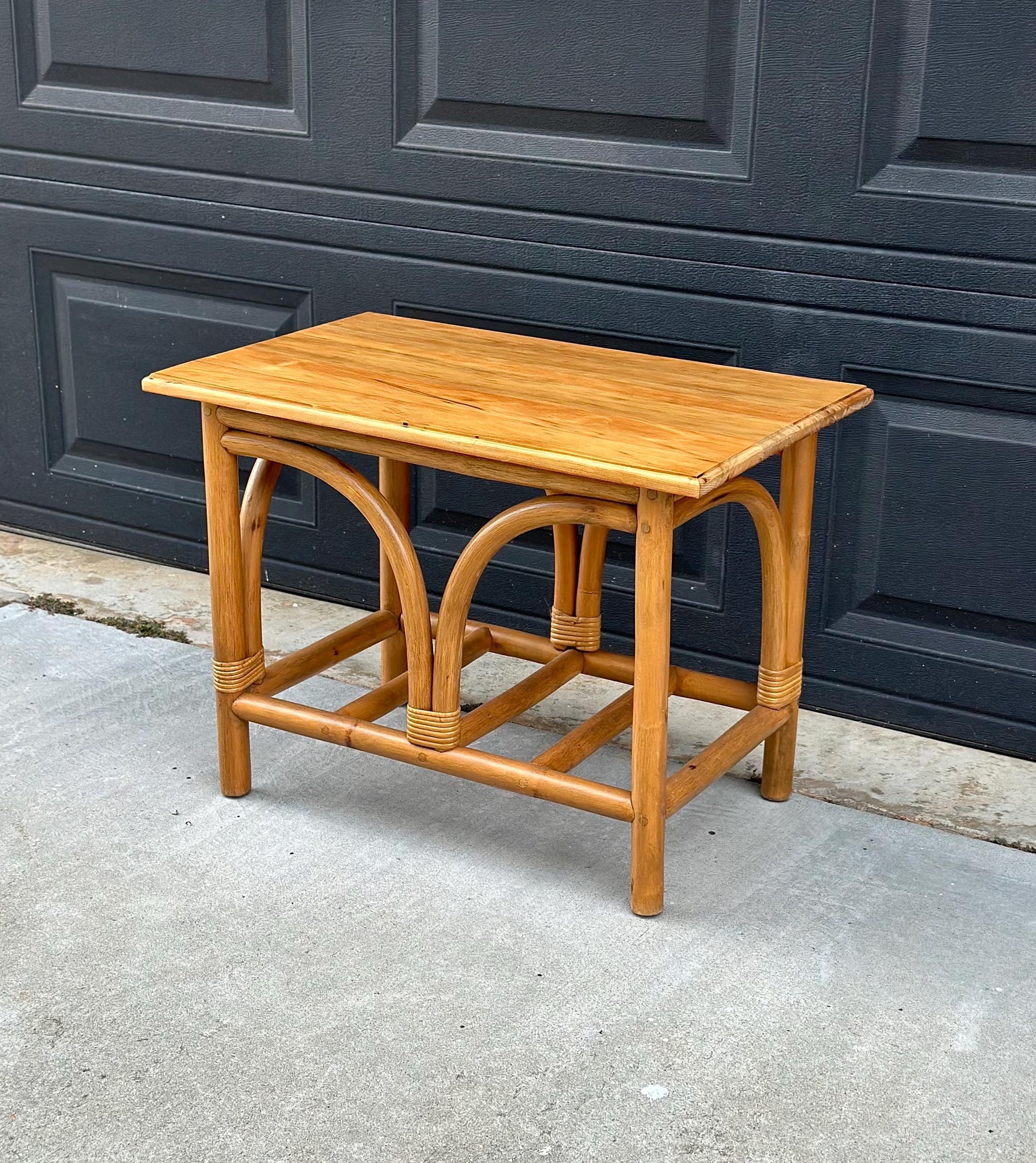 Vintage Mid Century Rattan Accent Table with Solid Wood Top Bentwood End Table