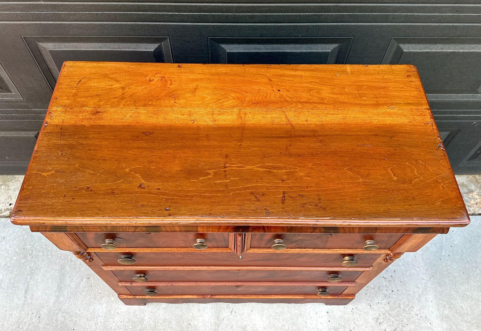 Antique Mid 19th Century Eastlake Bookmatched Mahogany Five Drawer Accent Dresser Chest 40.5" Wide