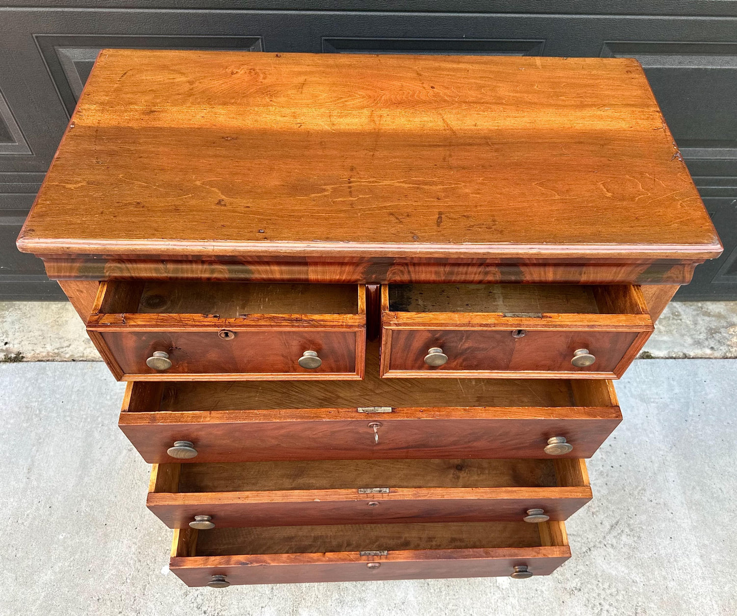 Antique Mid 19th Century Eastlake Bookmatched Mahogany Five Drawer Accent Dresser Chest 40.5" Wide