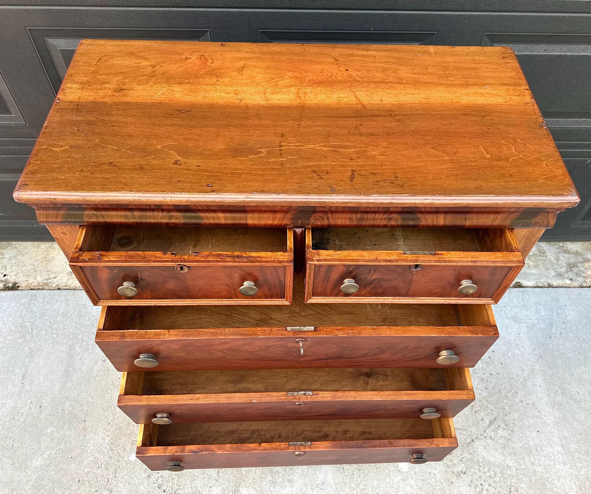 Antique Mid 19th Century Eastlake Bookmatched Mahogany Five Drawer Accent Dresser Chest 40.5" Wide