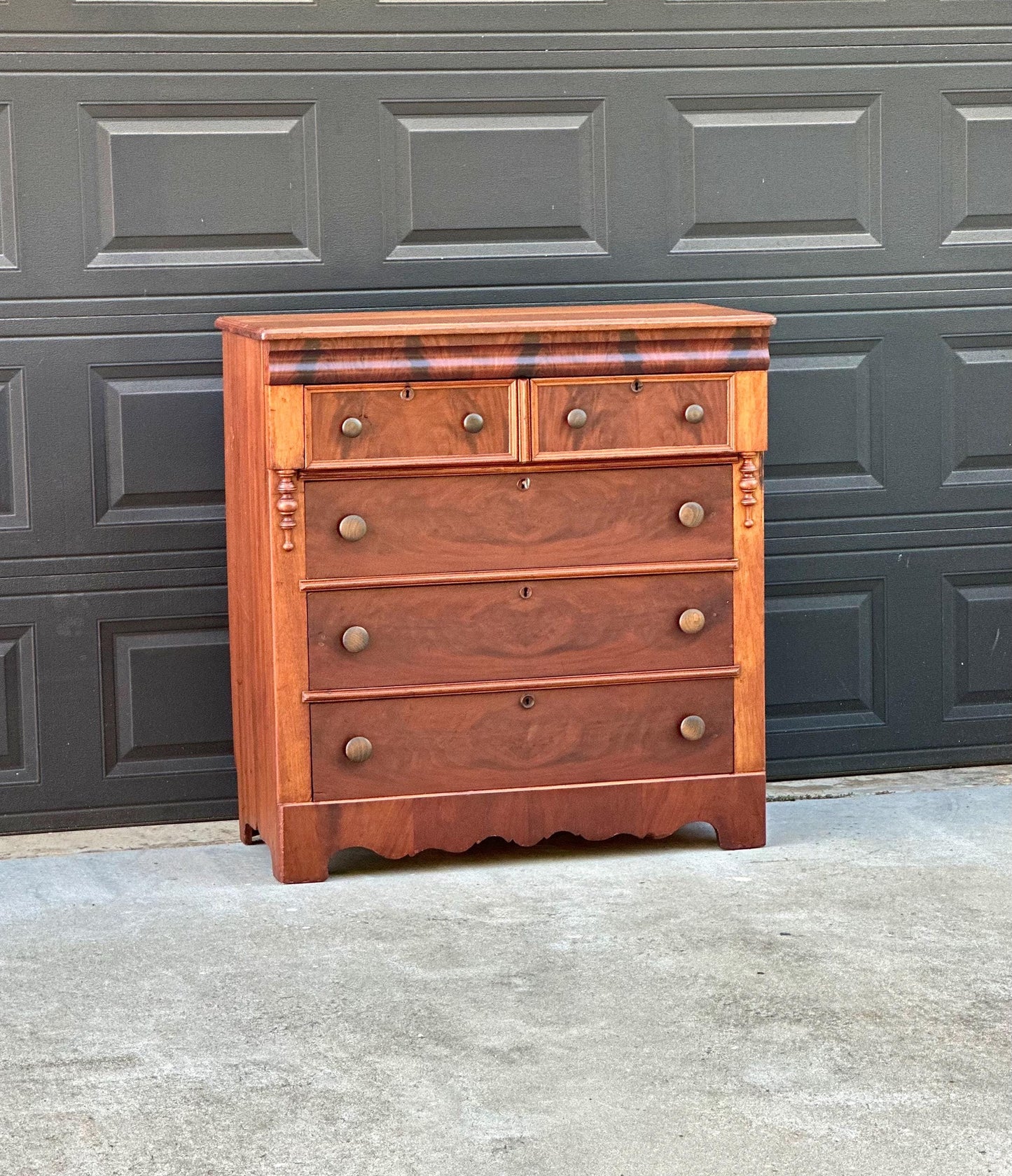 Antique Mid 19th Century Eastlake Bookmatched Mahogany Five Drawer Accent Dresser Chest 40.5" Wide