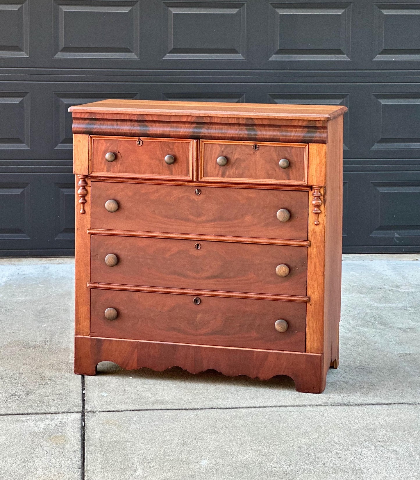 Antique Mid 19th Century Eastlake Bookmatched Mahogany Five Drawer Accent Dresser Chest 40.5" Wide