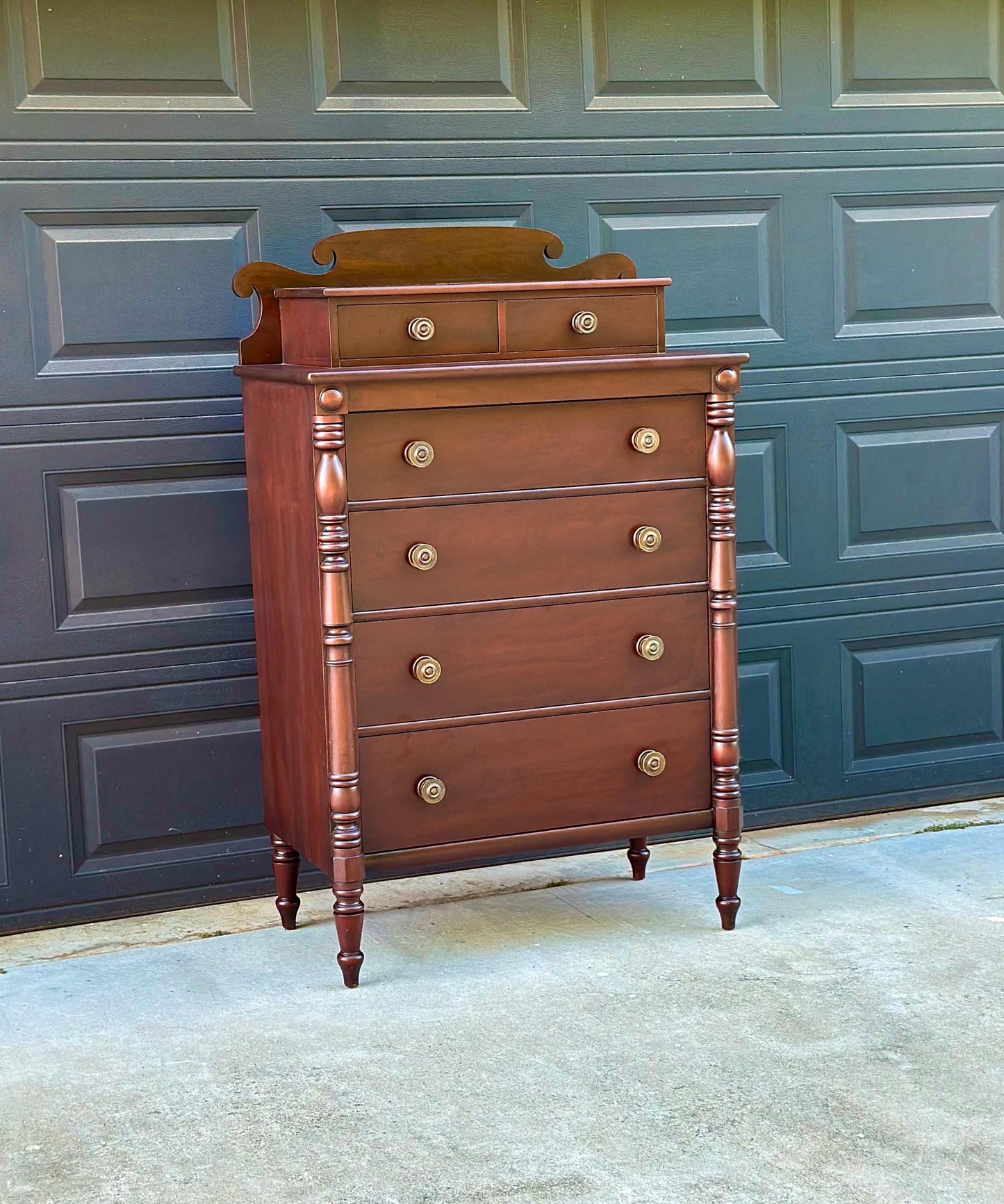 Vintage Early 20th Century Mahogany Six Drawer Solid Wood Scroll Gallery Colonial Tallboy Dresser 36" Wide