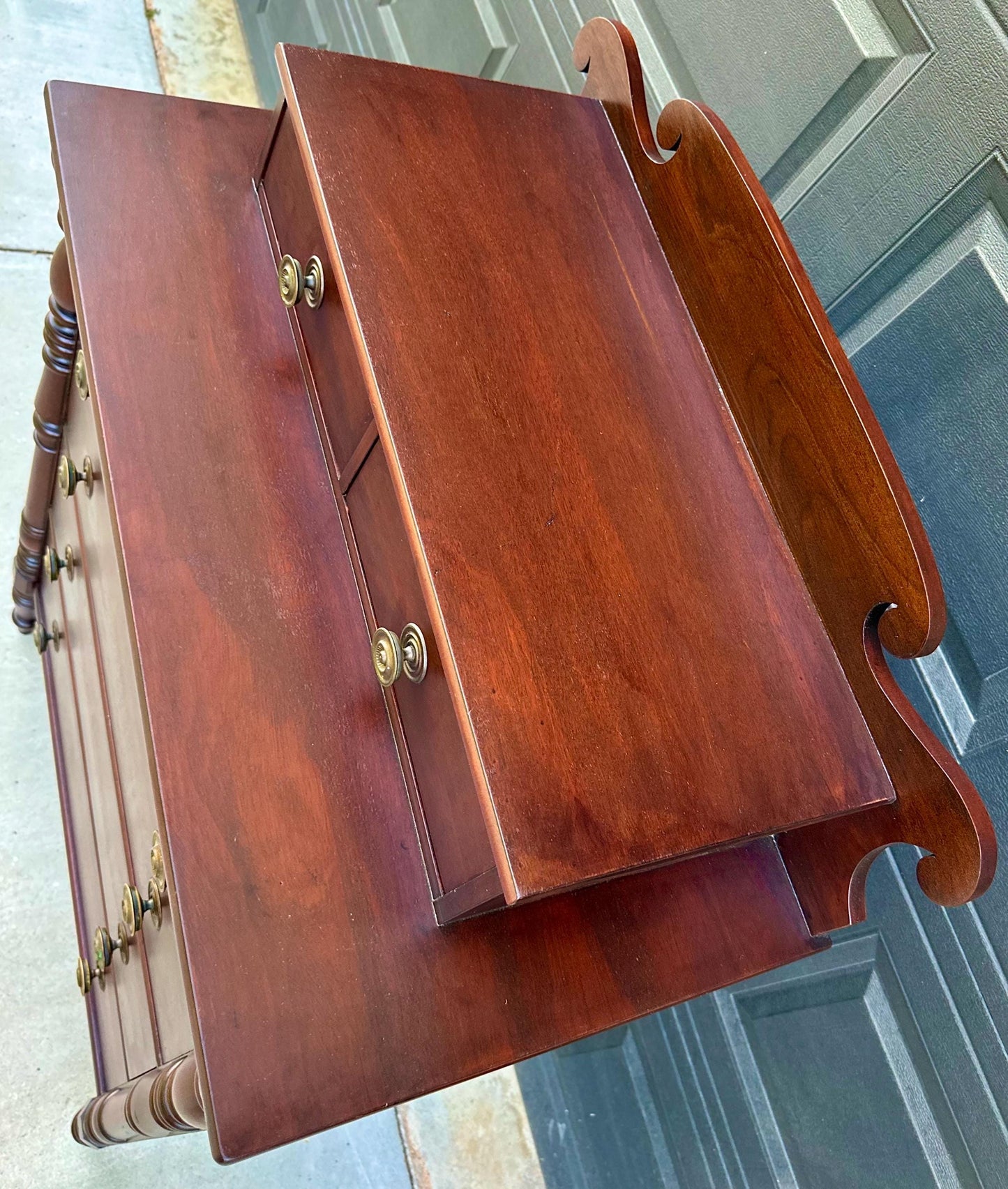 Vintage Early 20th Century Mahogany Six Drawer Solid Wood Scroll Gallery Colonial Tallboy Dresser 36" Wide