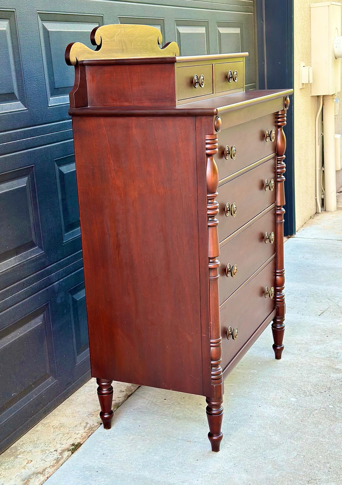 Vintage Early 20th Century Mahogany Six Drawer Solid Wood Scroll Gallery Colonial Tallboy Dresser 36" Wide
