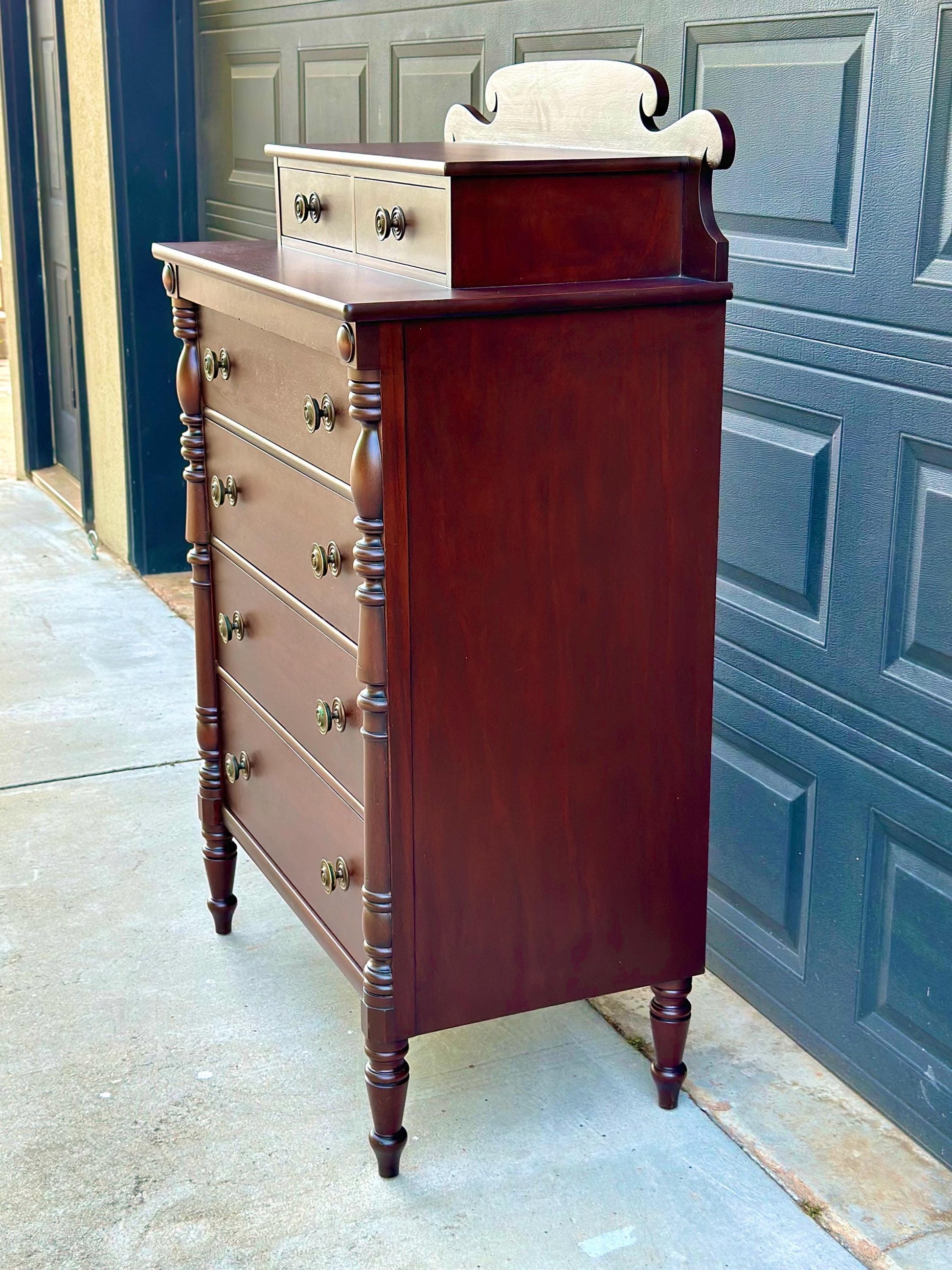 Vintage Early 20th Century Mahogany Six Drawer Solid Wood Scroll Gallery Colonial Tallboy Dresser 36" Wide