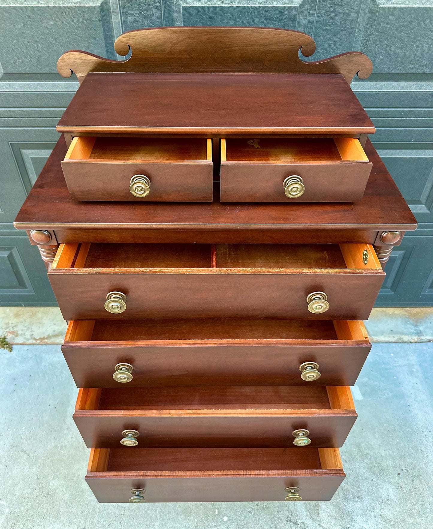 Vintage Early 20th Century Mahogany Six Drawer Solid Wood Scroll Gallery Colonial Tallboy Dresser 36" Wide