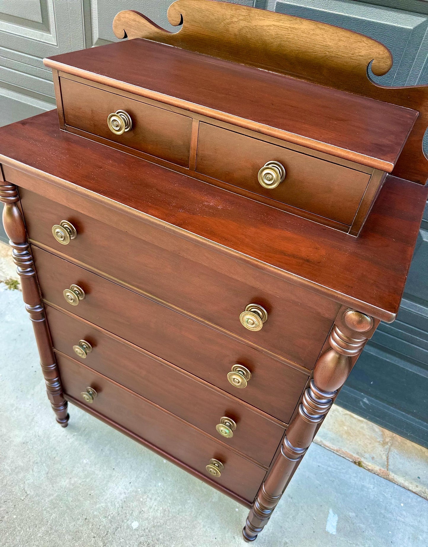 Vintage Early 20th Century Mahogany Six Drawer Solid Wood Scroll Gallery Colonial Tallboy Dresser 36" Wide