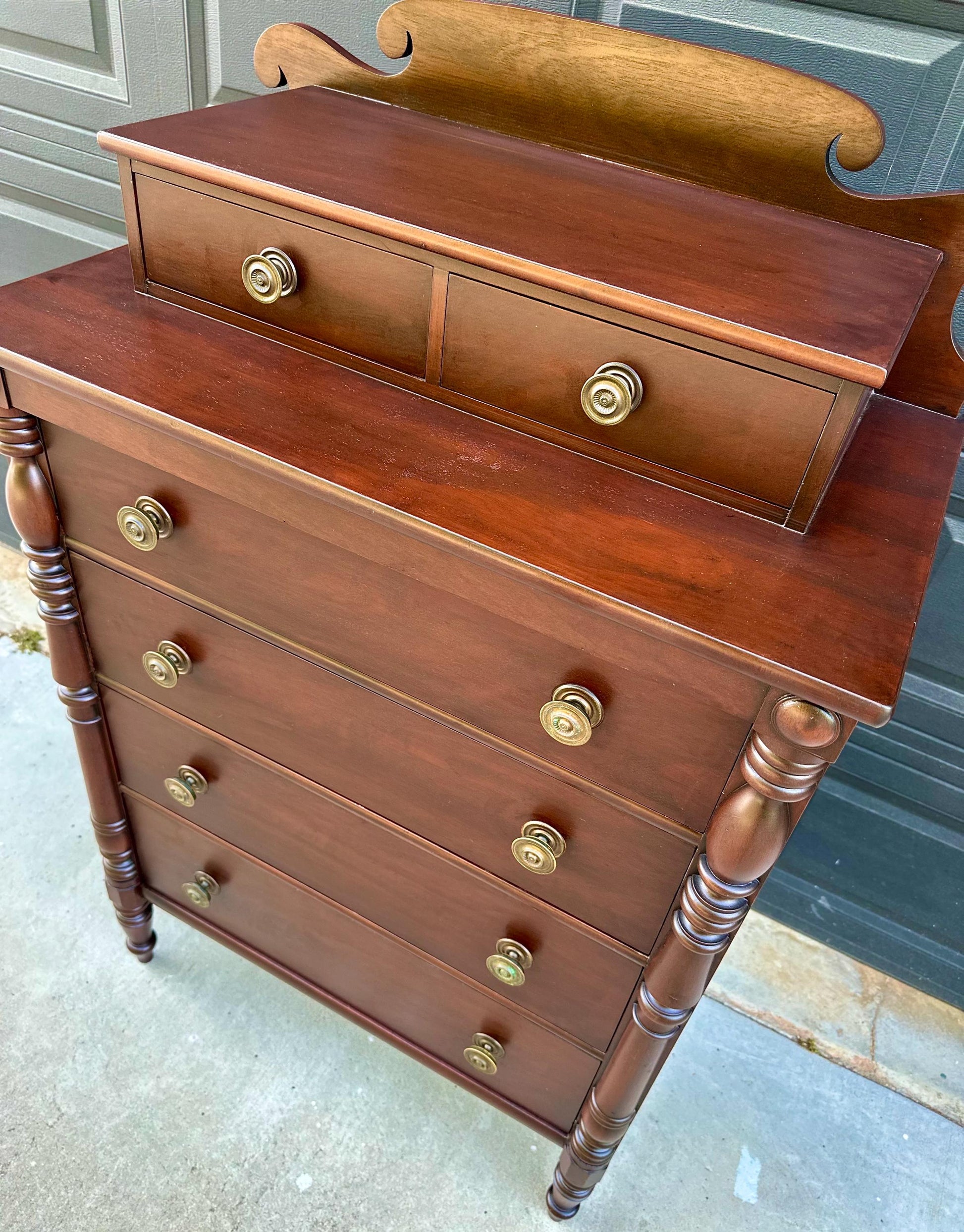 Vintage Early 20th Century Mahogany Six Drawer Solid Wood Scroll Gallery Colonial Tallboy Dresser 36" Wide