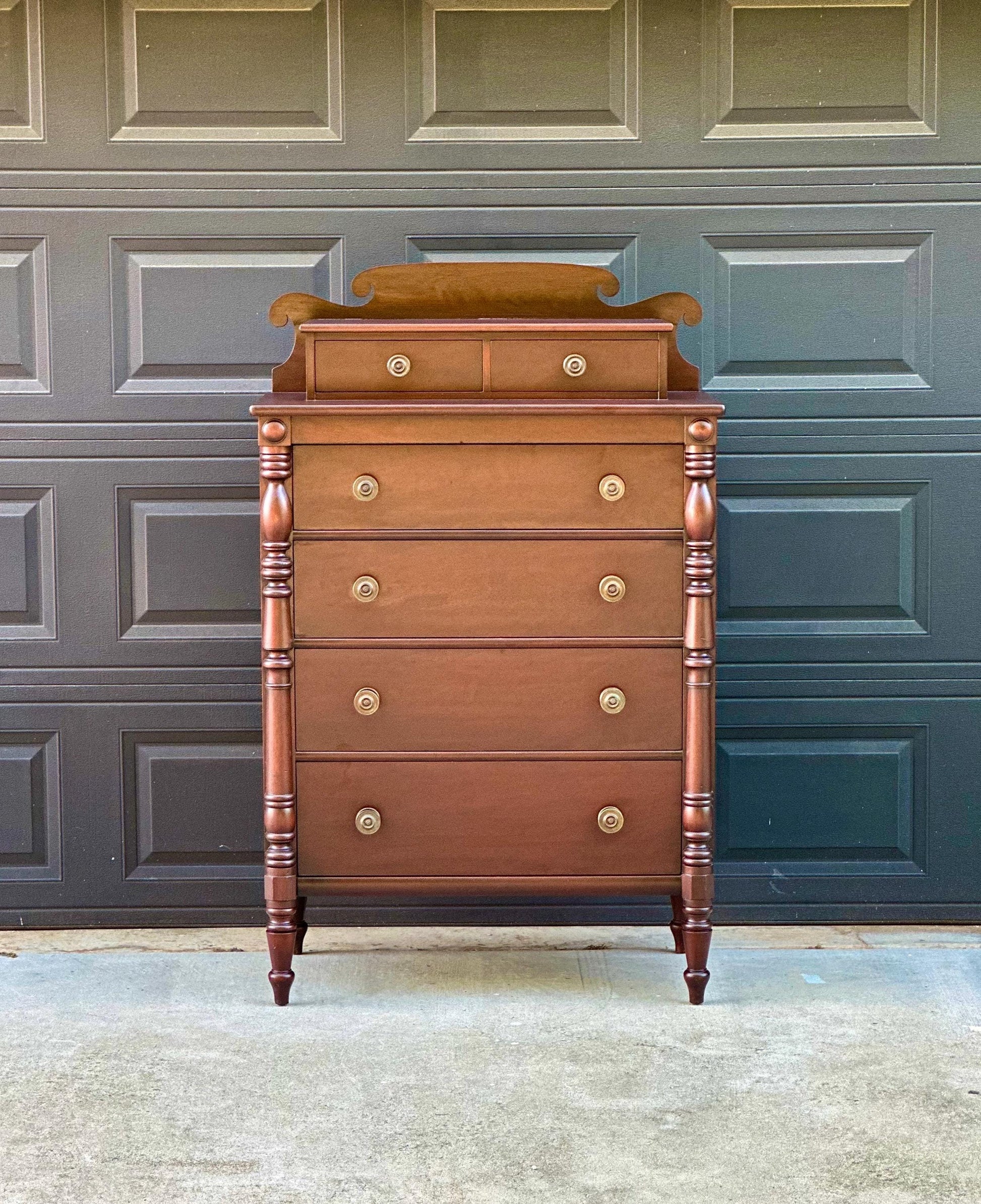 Vintage Early 20th Century Mahogany Six Drawer Solid Wood Scroll Gallery Colonial Tallboy Dresser 36" Wide