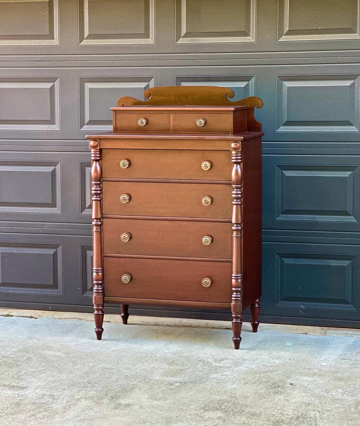 Vintage Early 20th Century Mahogany Six Drawer Solid Wood Scroll Gallery Colonial Tallboy Dresser 36" Wide