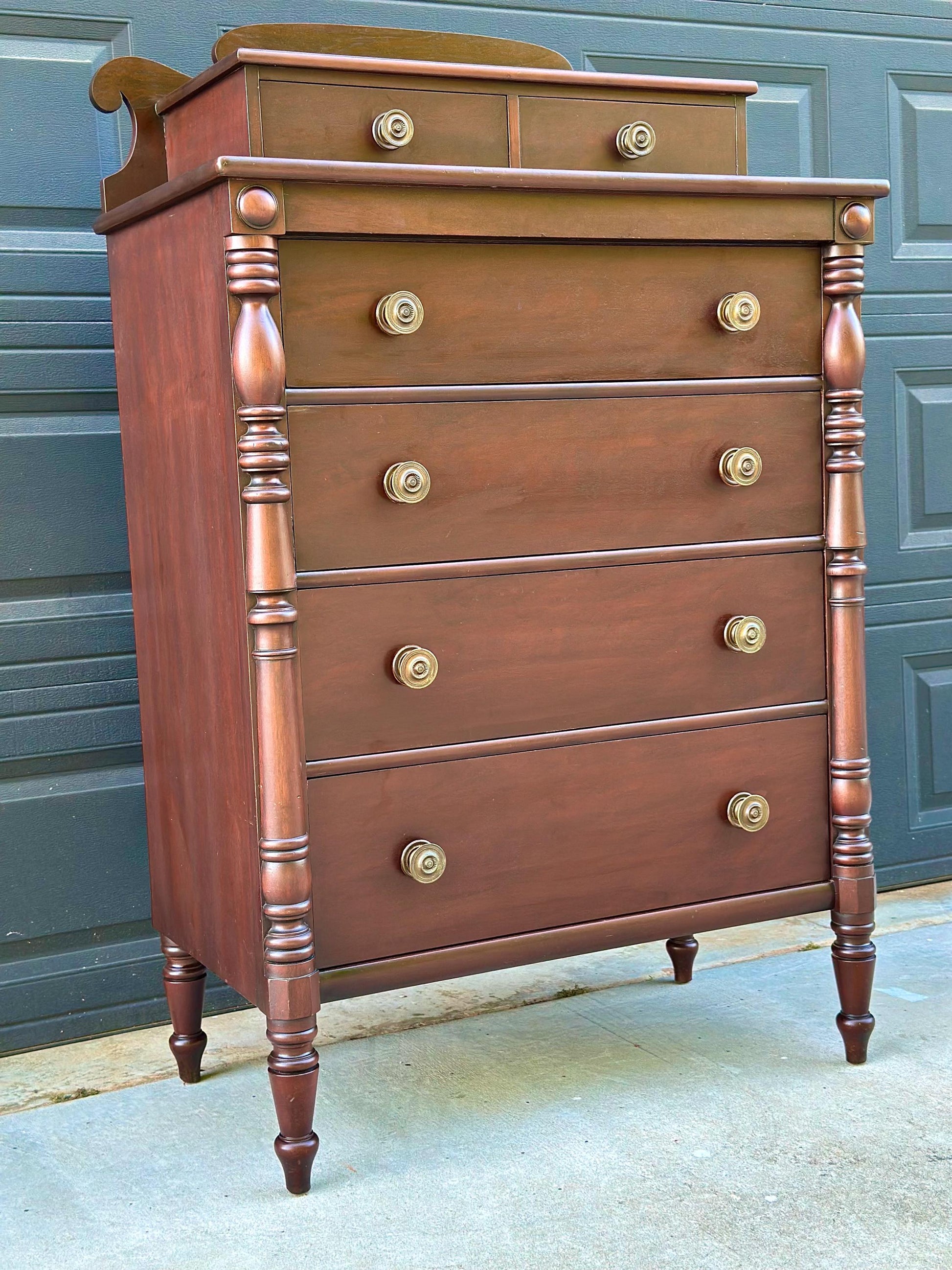 Vintage Early 20th Century Mahogany Six Drawer Solid Wood Scroll Gallery Colonial Tallboy Dresser 36" Wide