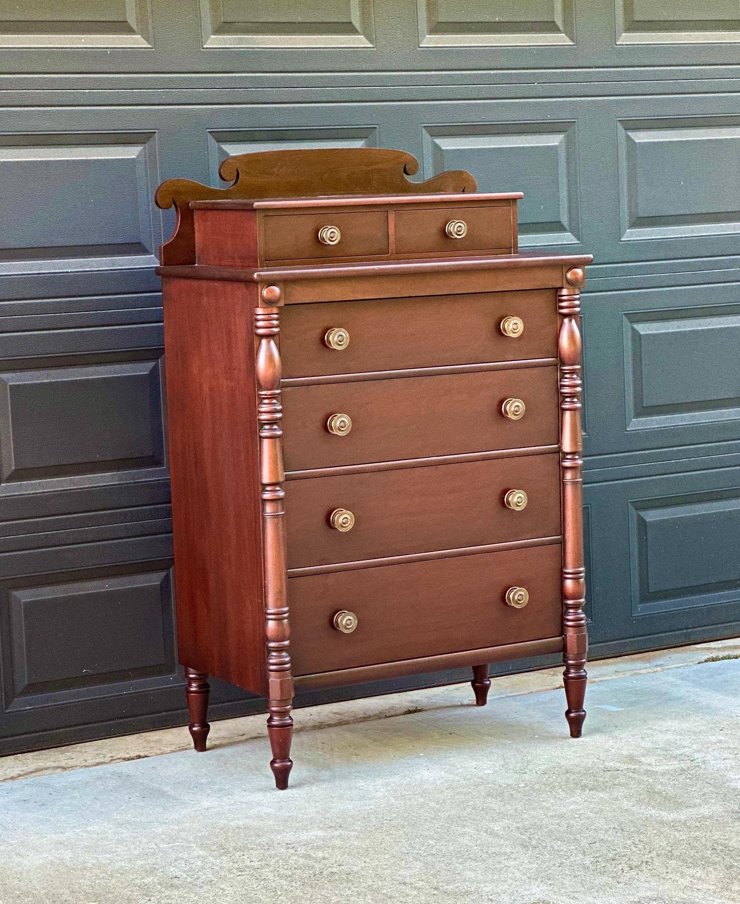 Vintage Early 20th Century Mahogany Six Drawer Solid Wood Scroll Gallery Colonial Tallboy Dresser 36" Wide