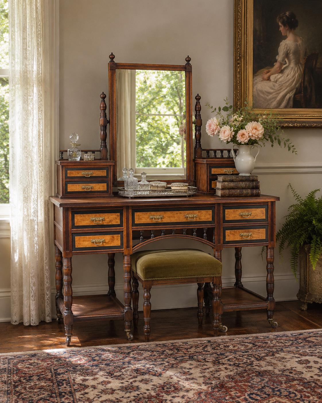Antique Late 19th Century English Craftsman Nine Drawer Swing Mirror Walnut Accent Table on Casters by J.B. Richards, London