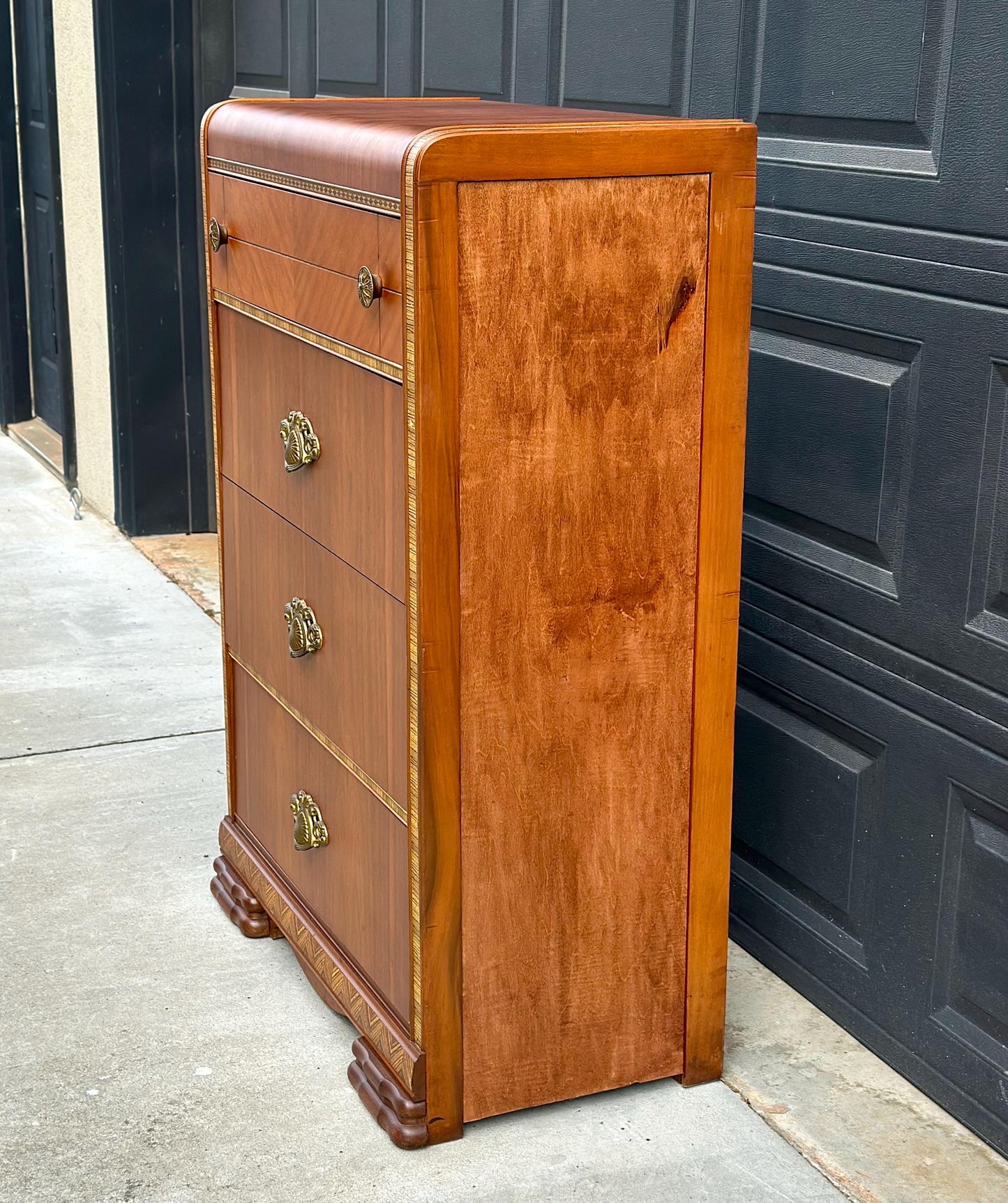 Vintage Late 1940s Art Deco Walnut & Maple Waterfall Accent Chest of Drawers 34" Wide
