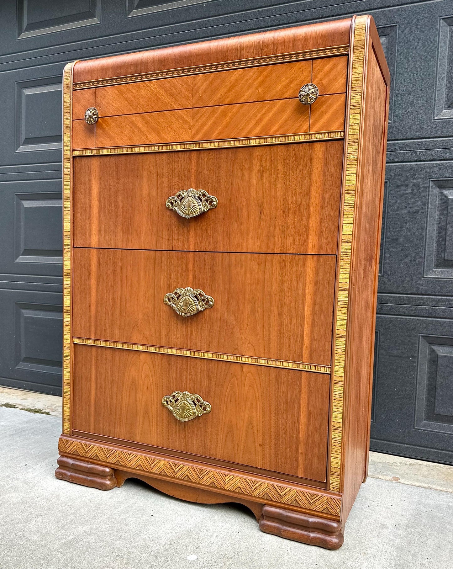 Vintage Late 1940s Art Deco Walnut & Maple Waterfall Accent Chest of Drawers 34" Wide