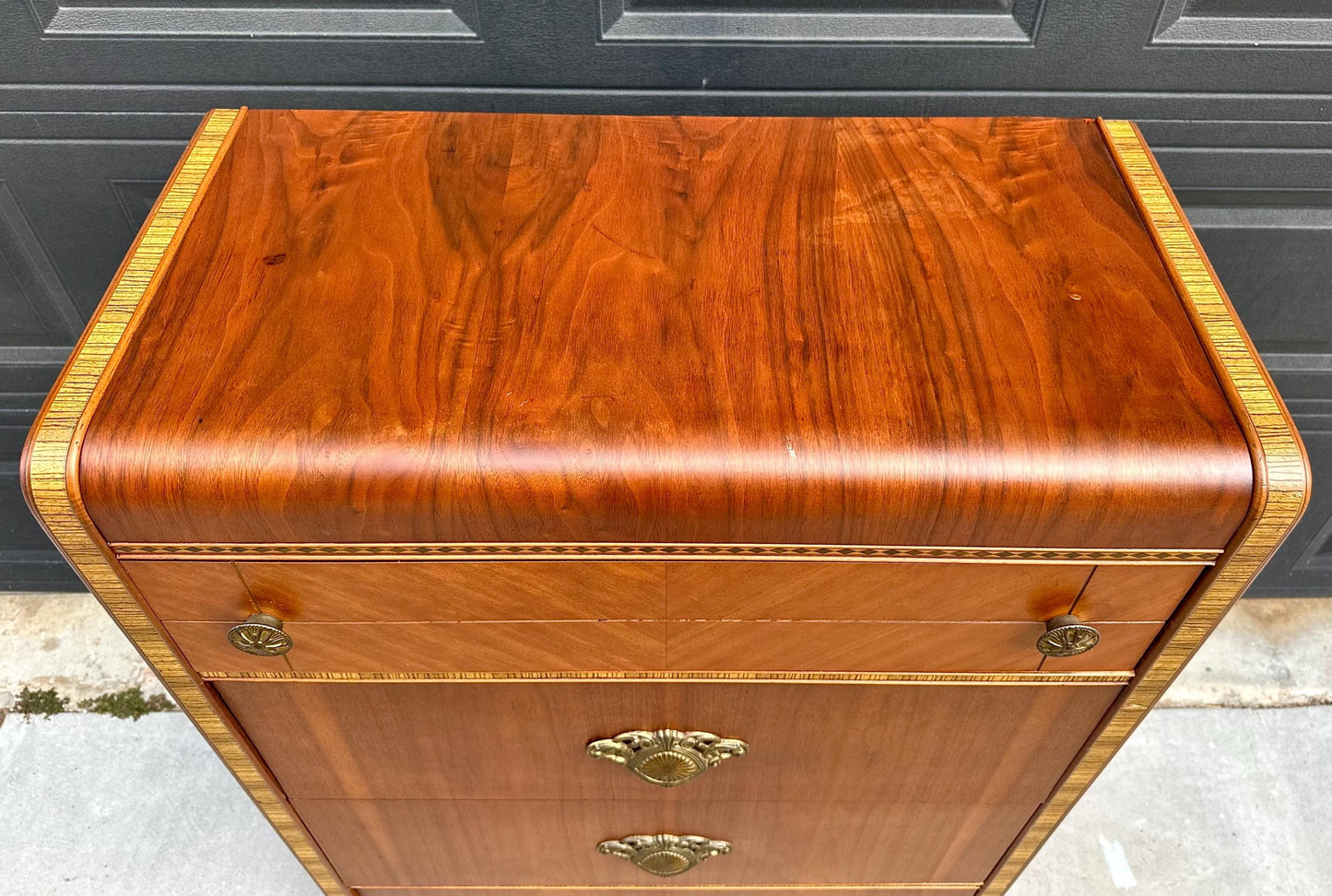 Vintage Late 1940s Art Deco Walnut & Maple Waterfall Accent Chest of Drawers 34" Wide