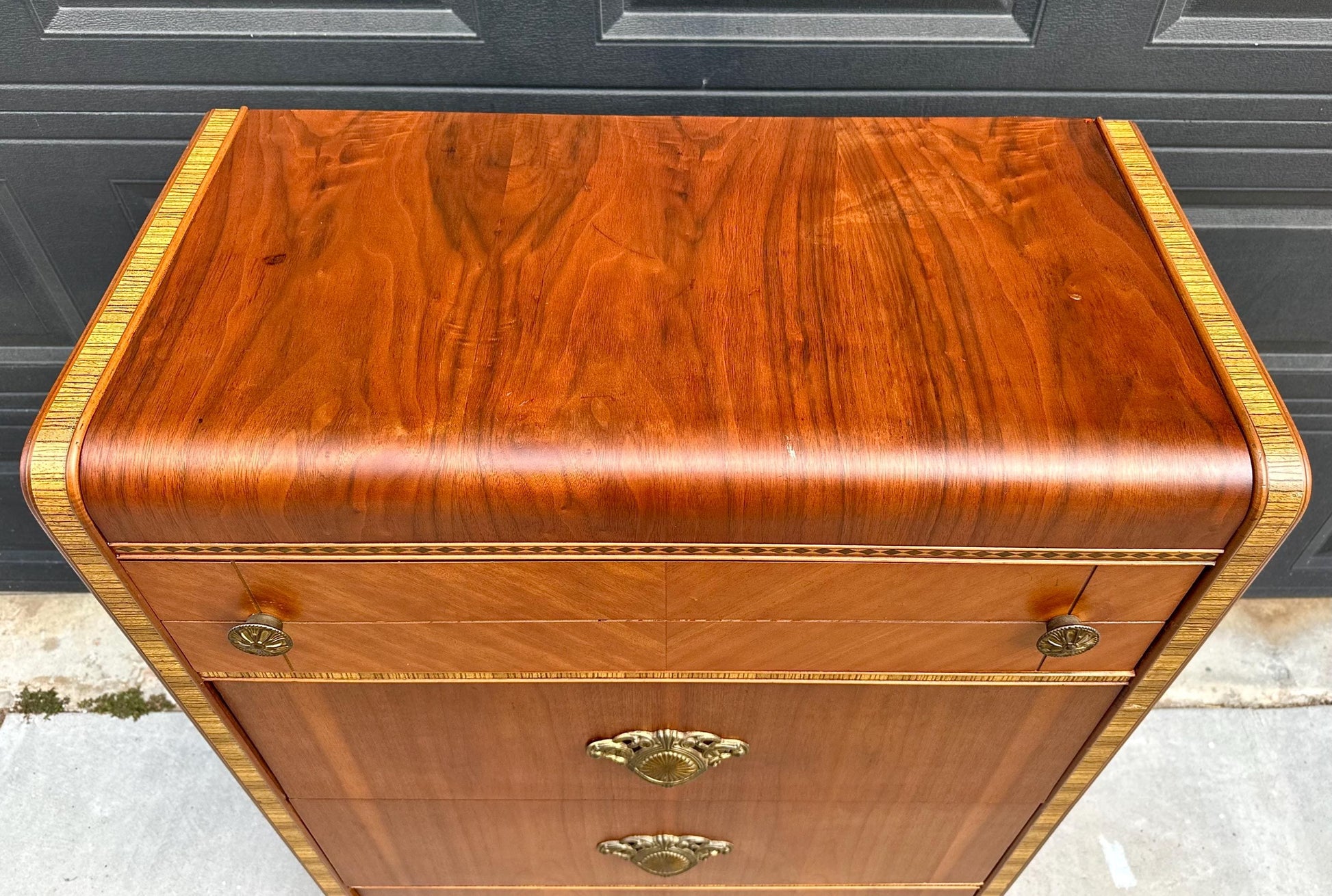 Vintage Late 1940s Art Deco Walnut & Maple Waterfall Accent Chest of Drawers 34" Wide