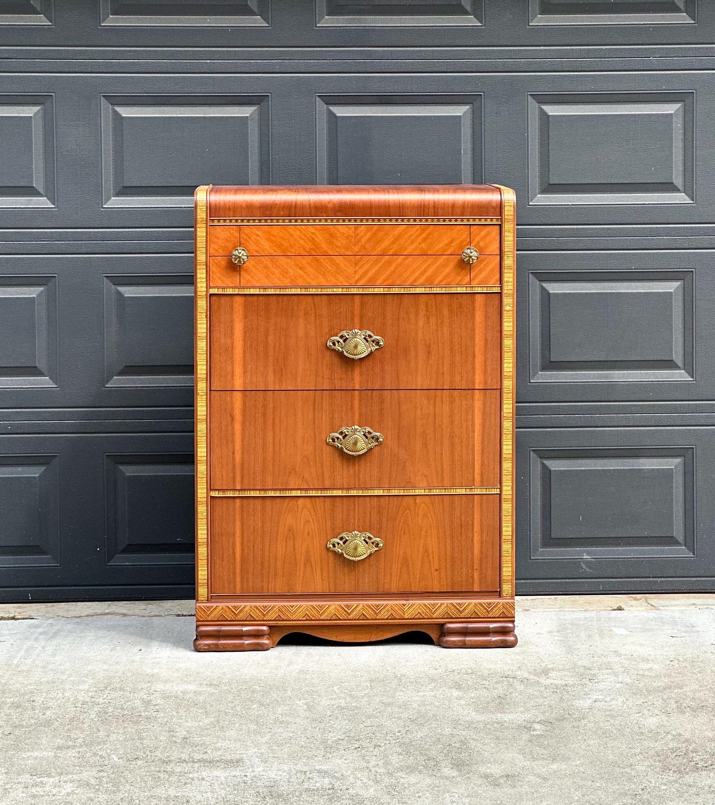 Vintage Late 1940s Art Deco Walnut & Maple Waterfall Accent Chest of Drawers 34" Wide