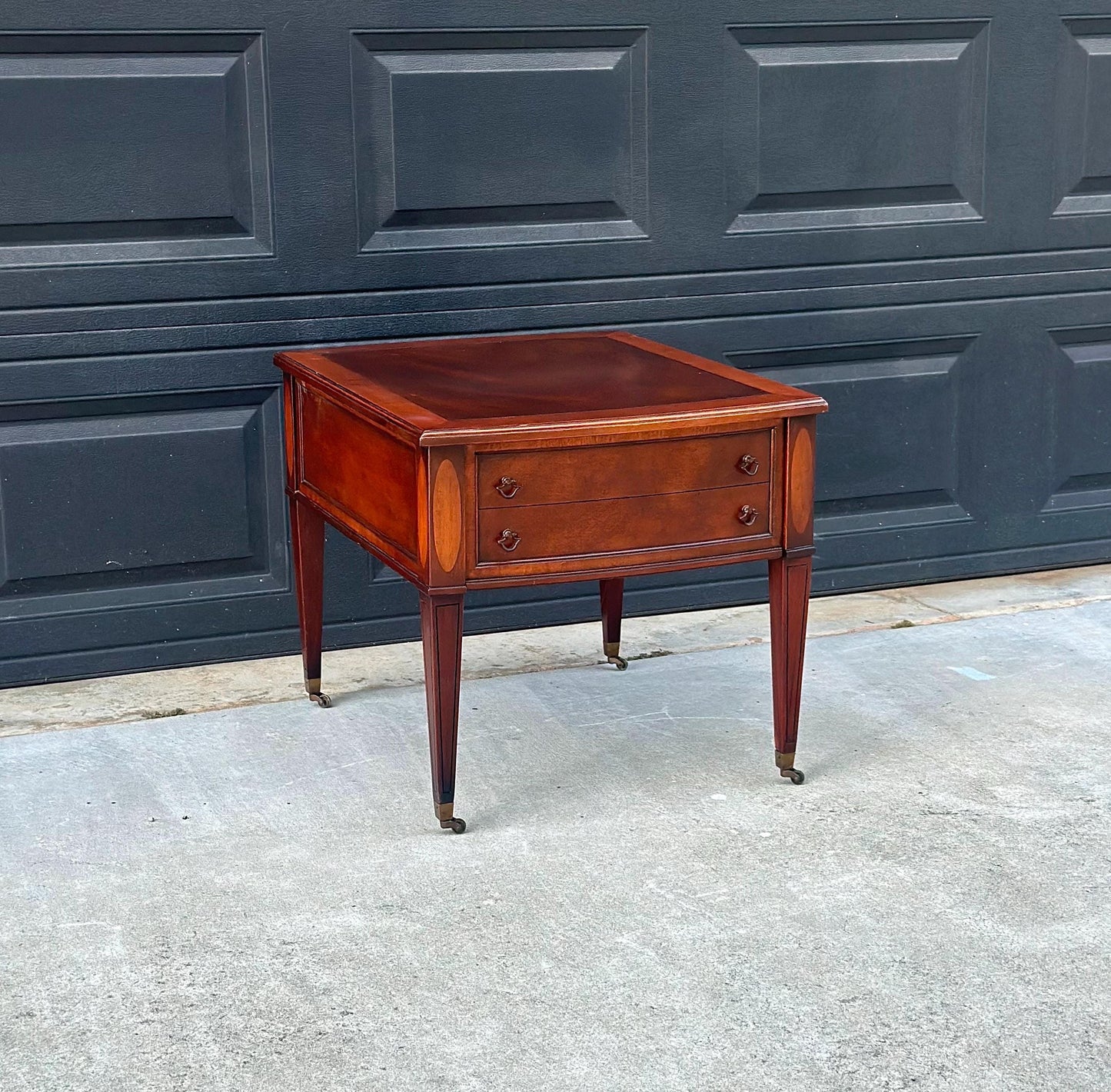 Vintage Mid 1900s Traditional Inlaid Mahogany End Table on Casters 22" Wide