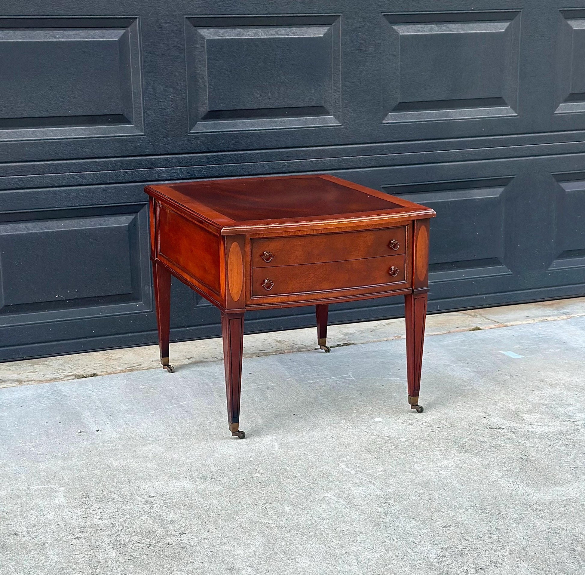 Vintage Mid 1900s Traditional Inlaid Mahogany End Table on Casters 22" Wide