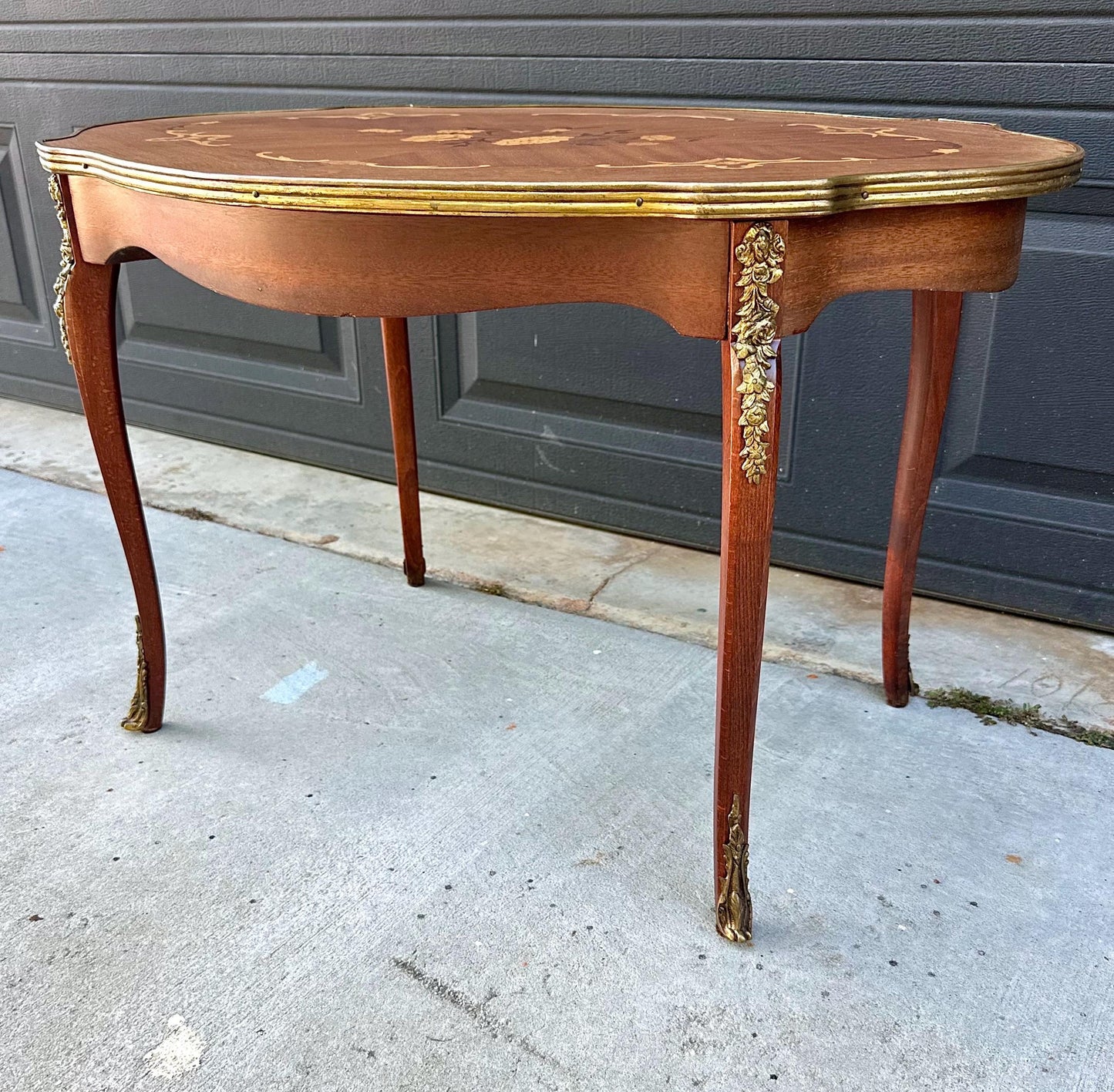 Antique 1920s Louis XV Ormolu Marquetry Spanish Tiger Maple Coffee Tea Table
